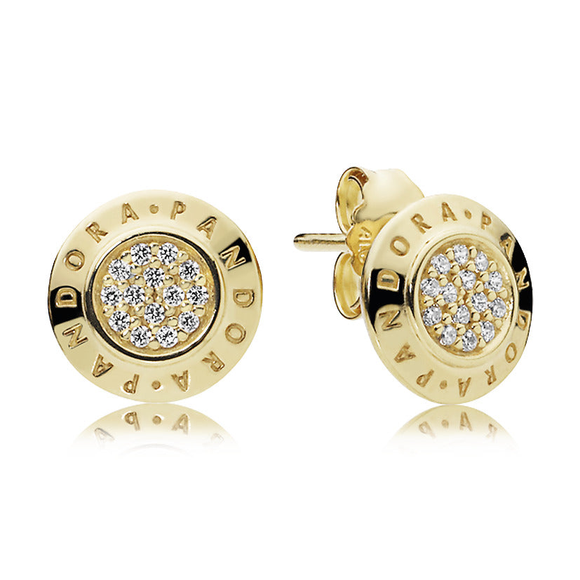 14k Gold Plated logo stud earrings with clear cubic zirconia