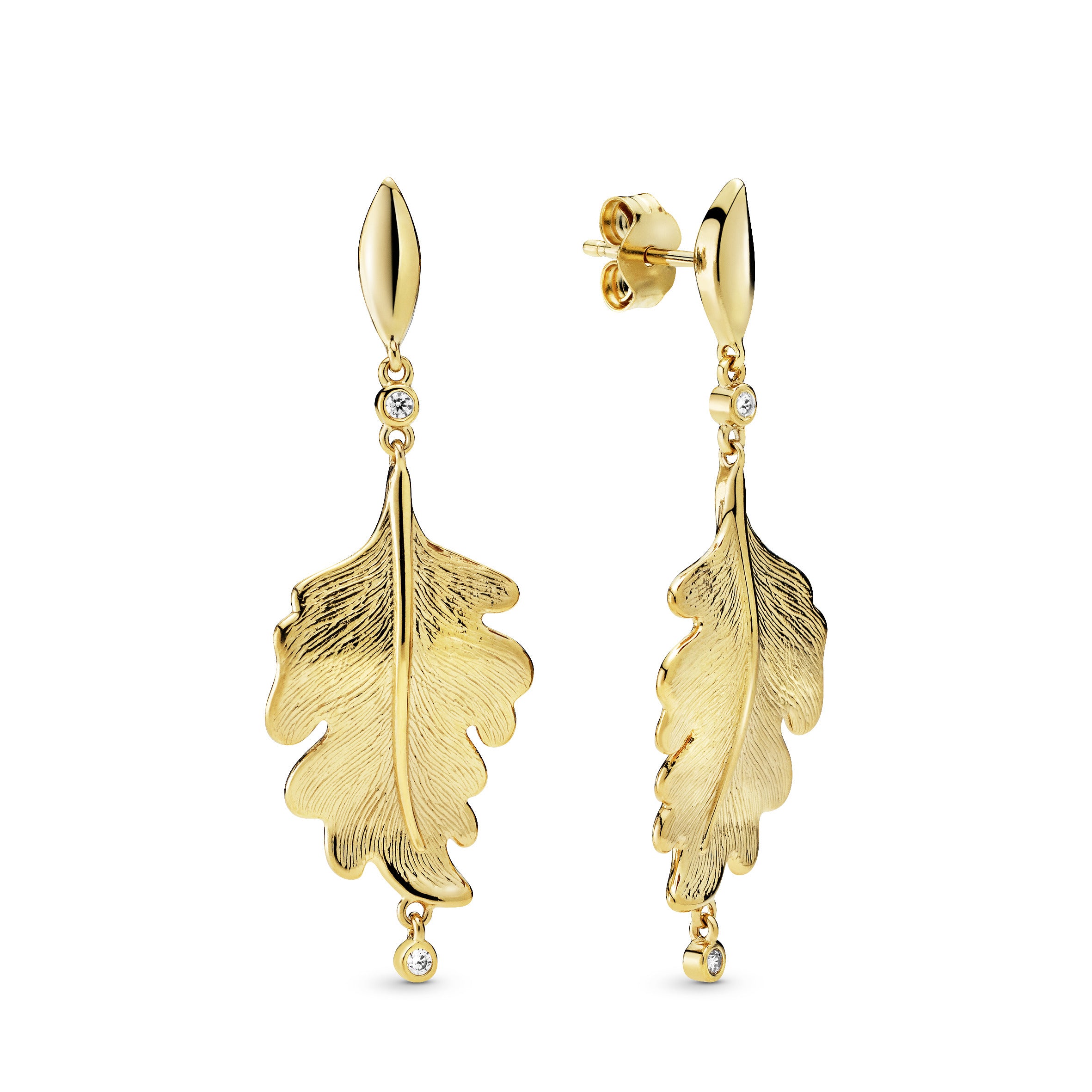Oak leaf 14k Gold Plated earrings with clear cubic zirconia