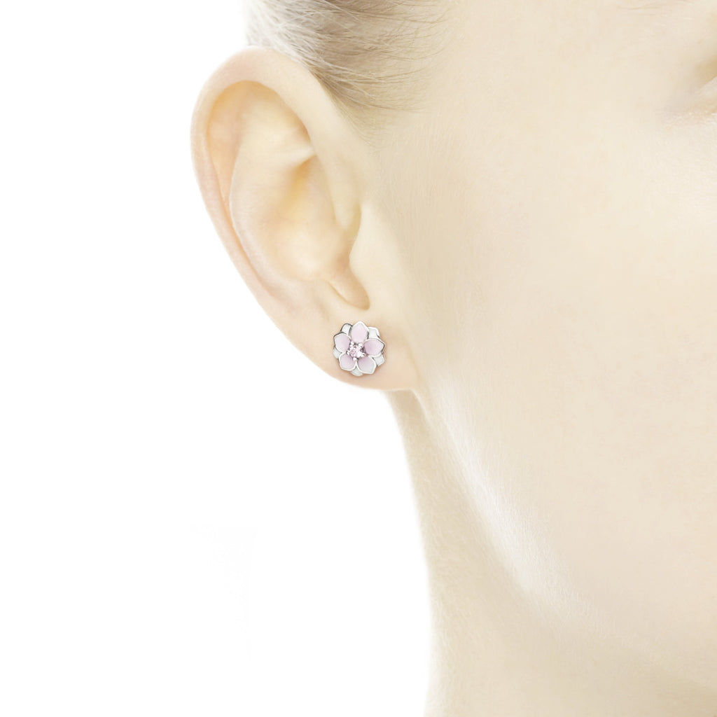 Magnolia silver stud earrings with pink cubic zirconia white and