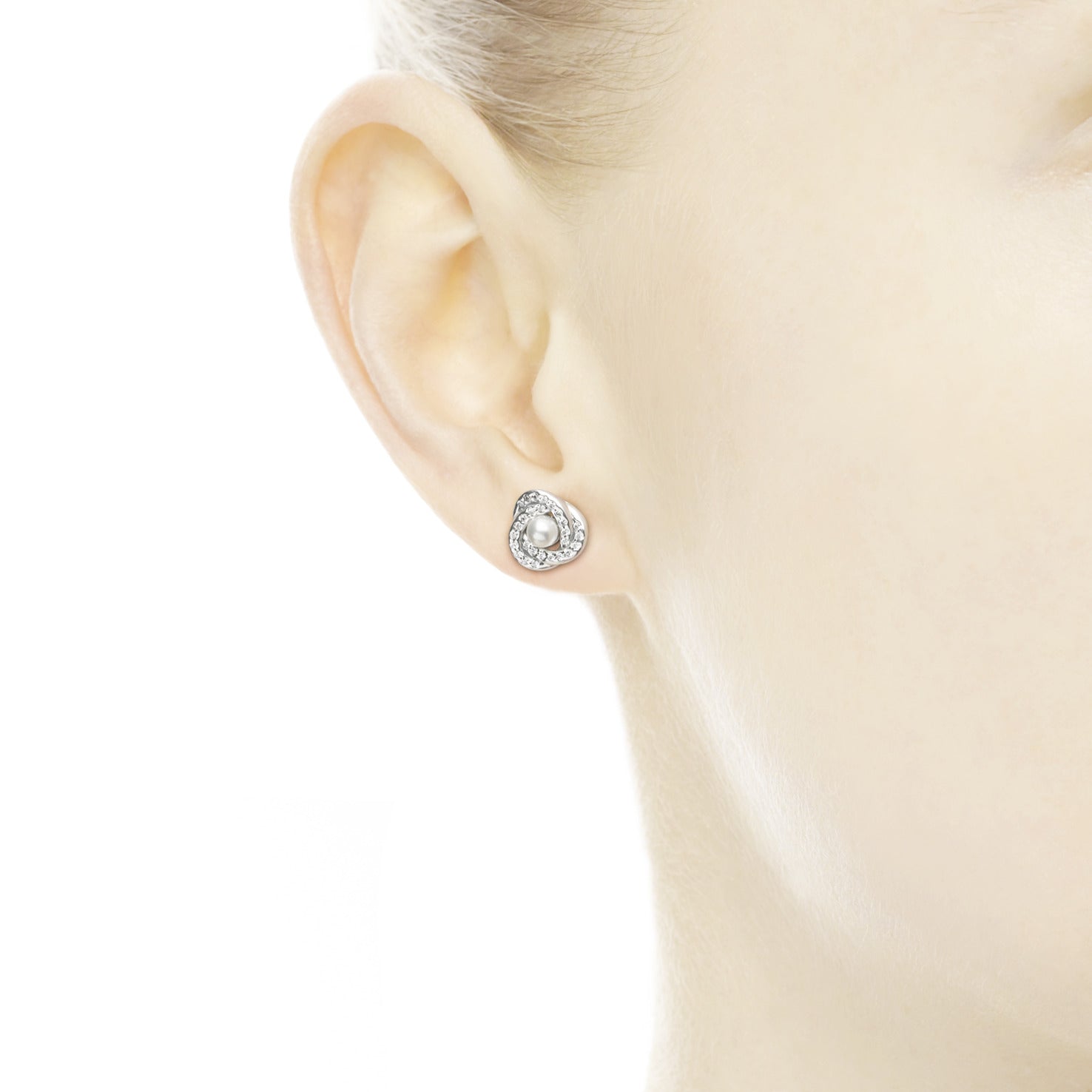 Silver stud earrings with clear cubic zirconia and white crystal pearl