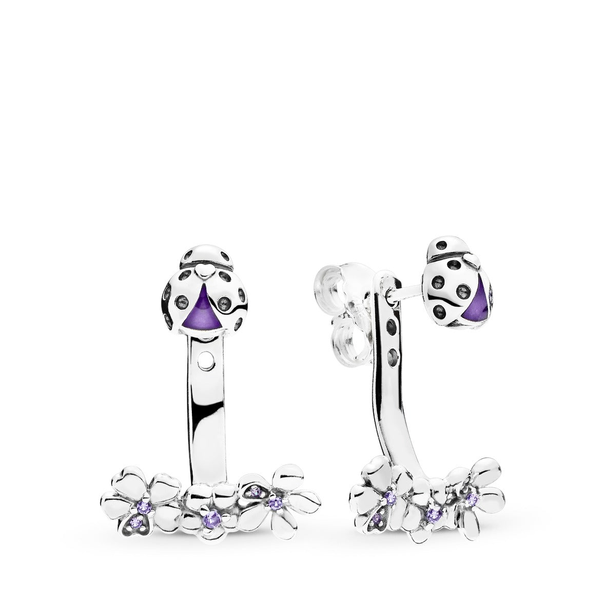 Ladybug silver stud earrings with lilac crystal, purple cubic zirconia, purple enamel and detachable floral earring jackets