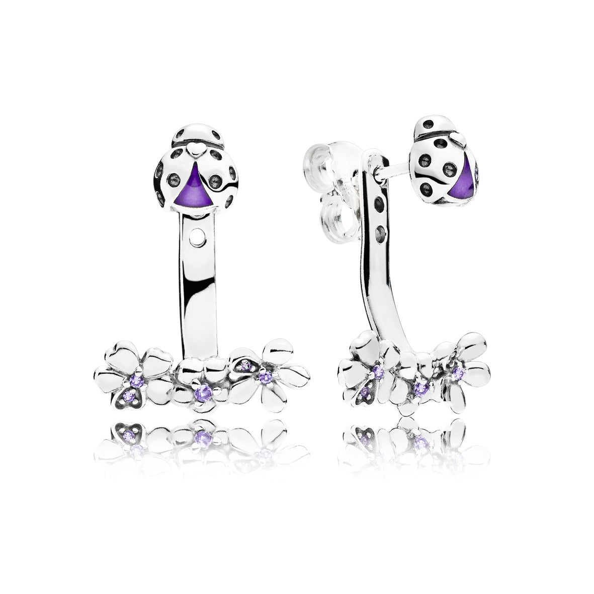 Ladybug silver stud earrings with lilac crystal, purple cubic zirconia, purple enamel and detachable floral earring jackets