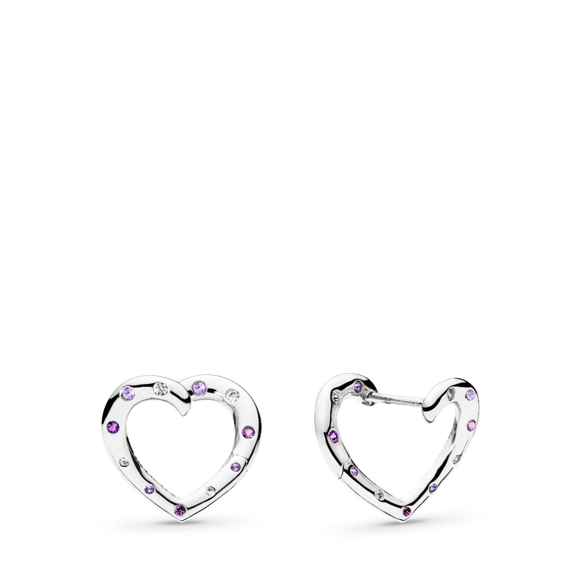 Heart silver hoop earrings with royal purple crystal, lilac crystal and clear cubic zirconia