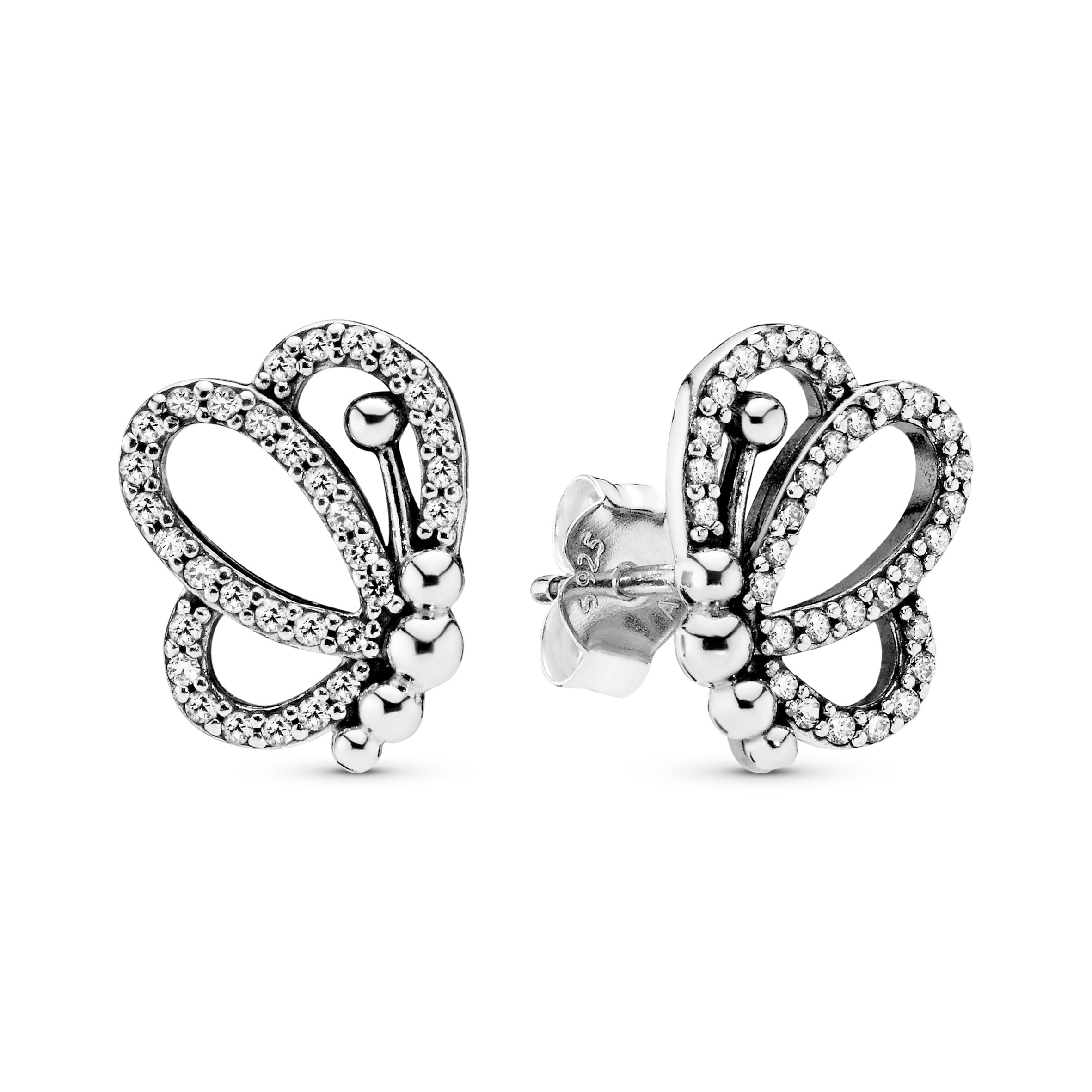Openwork butterfly silver stud earrings with clear cubic zirconia
