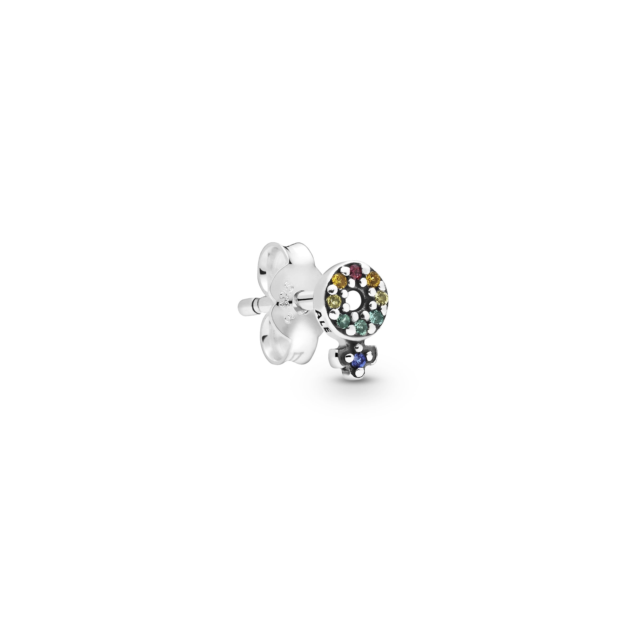 Female symbol sterling silver stud earring with green, blue, orange, yellow crystal and red cubic zirconia