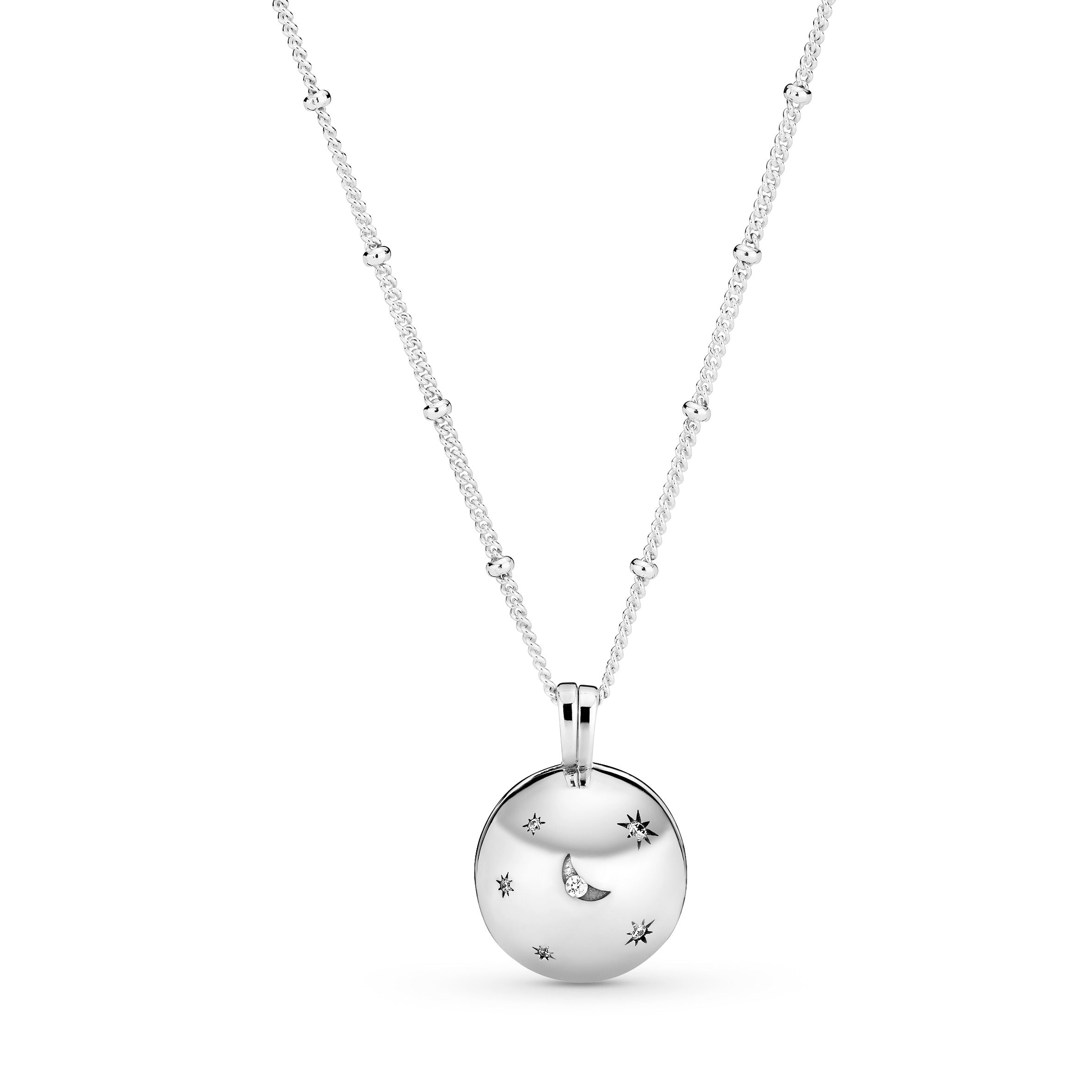 Moon and star openable silver pendant with clear cubic zirconia and necklace