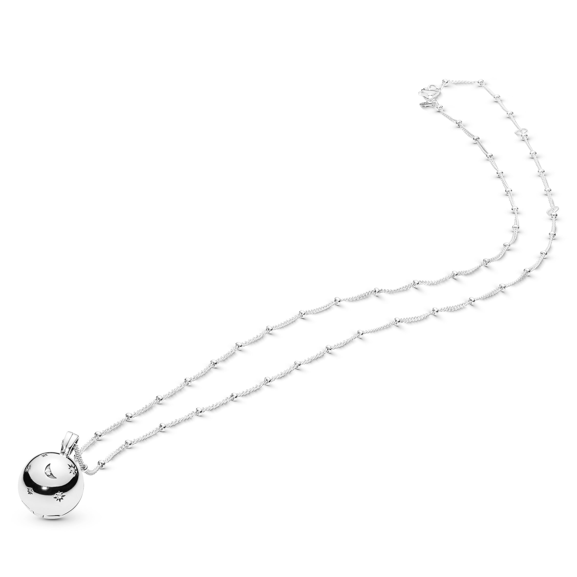 Moon and star openable silver pendant with clear cubic zirconia and necklace