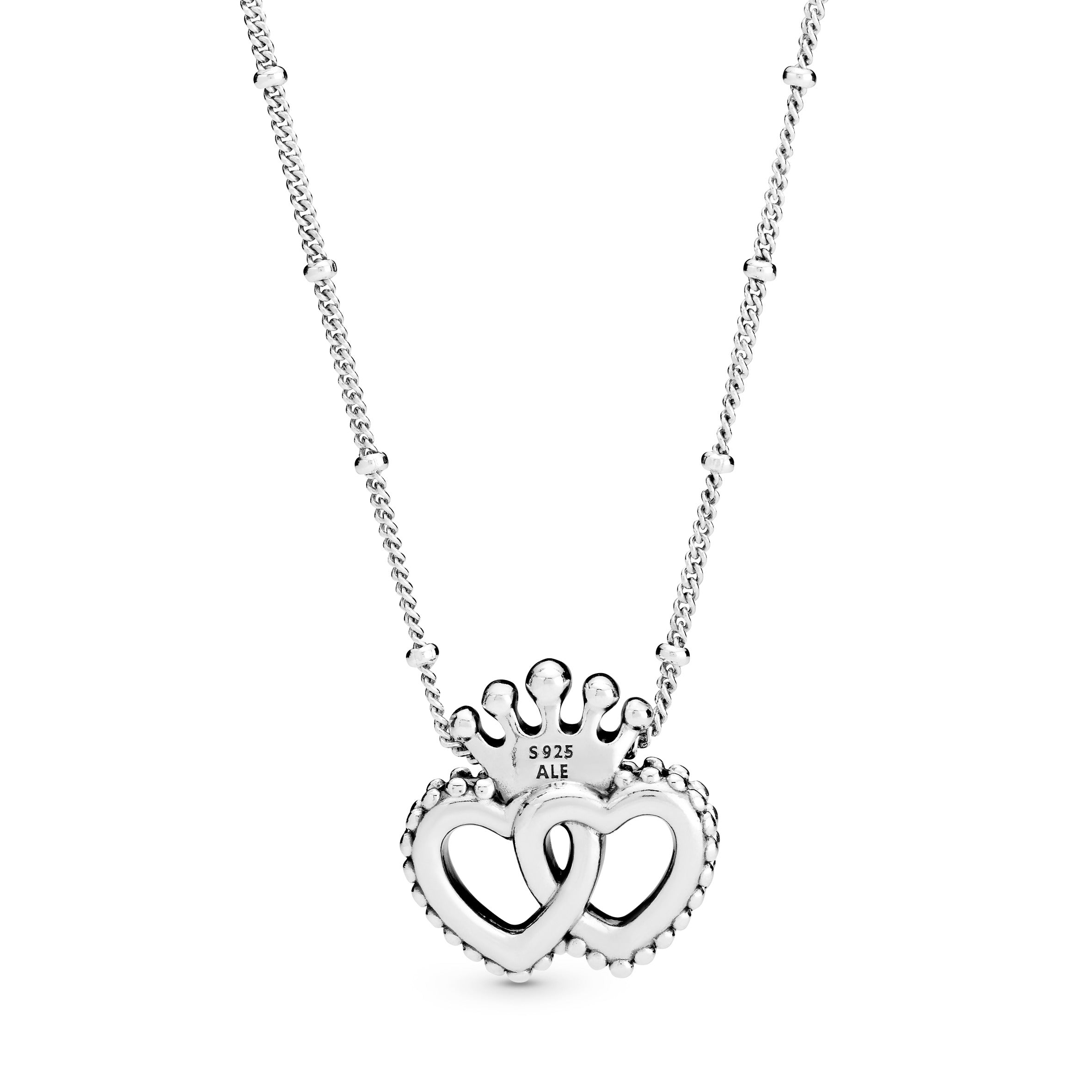 Interlocked crowned hearts silver pendant and necklace