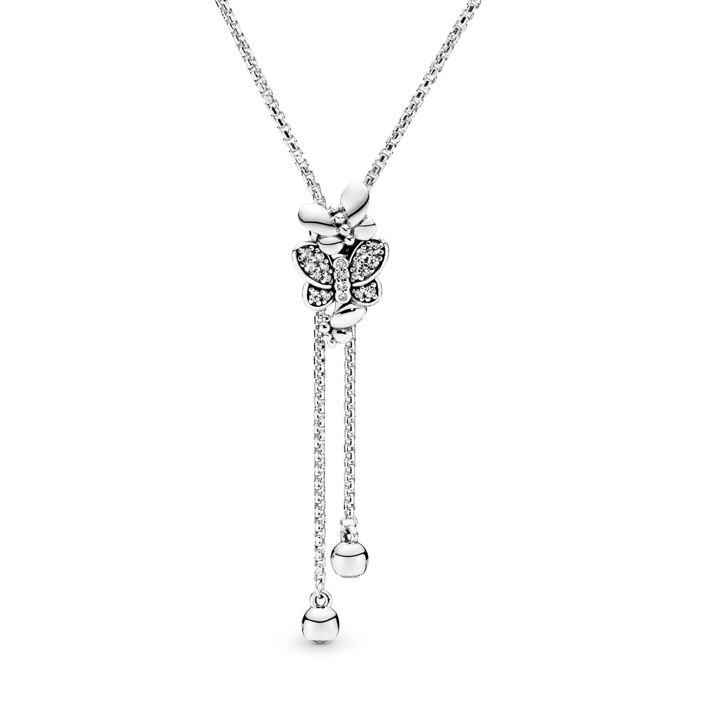 Butterfly silver Y-necklace with clear cubic zirconia and sliding