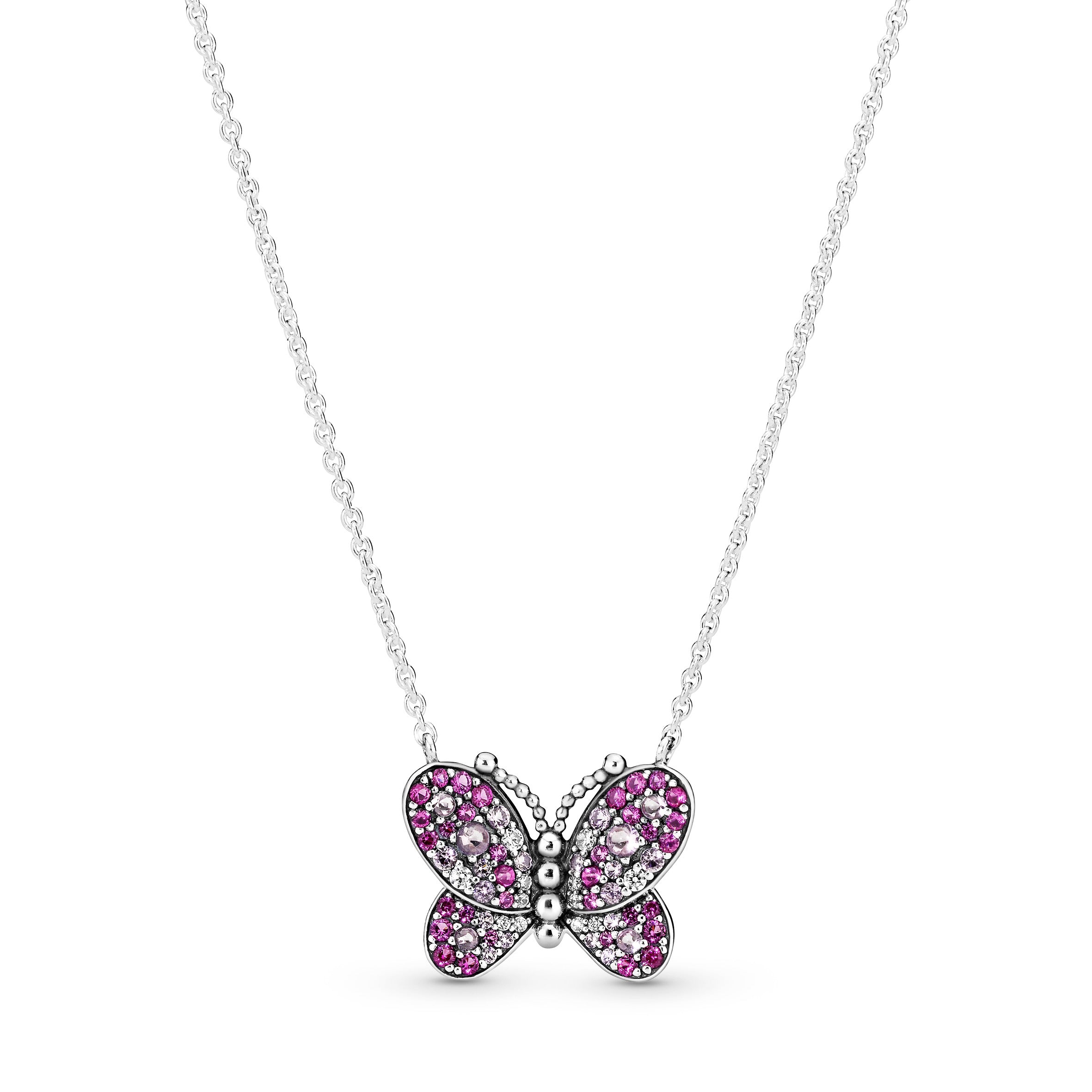 Butterfly silver collier with cerise crystal, pink mist crystal and clear cubic zirconia