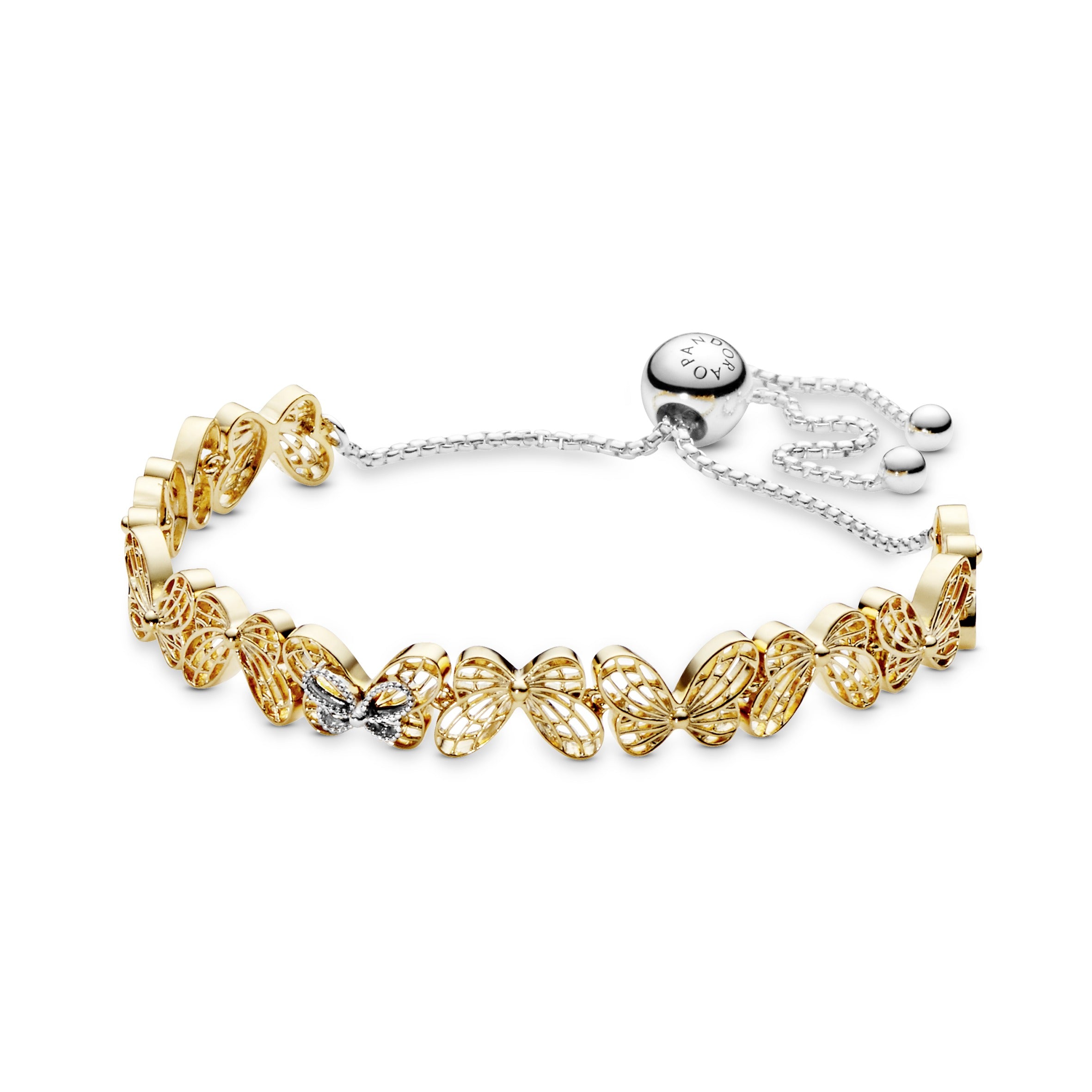 Openwork butterfly 14k Gold Plated and silver bracelet with sliding clasp