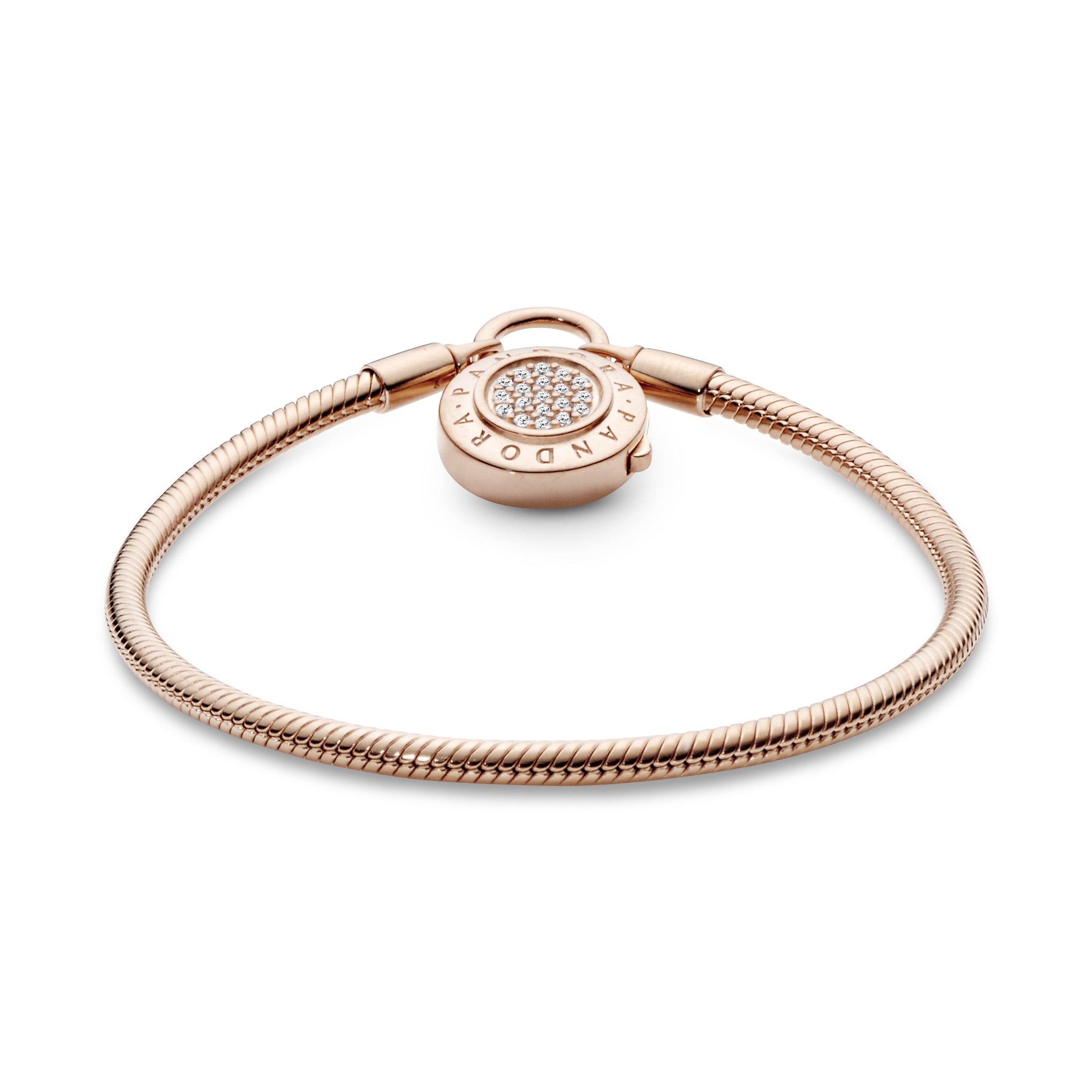 PANDORA Rose snake chain bracelet and PANDORA logo padlock clasp with clear cubic zirconia