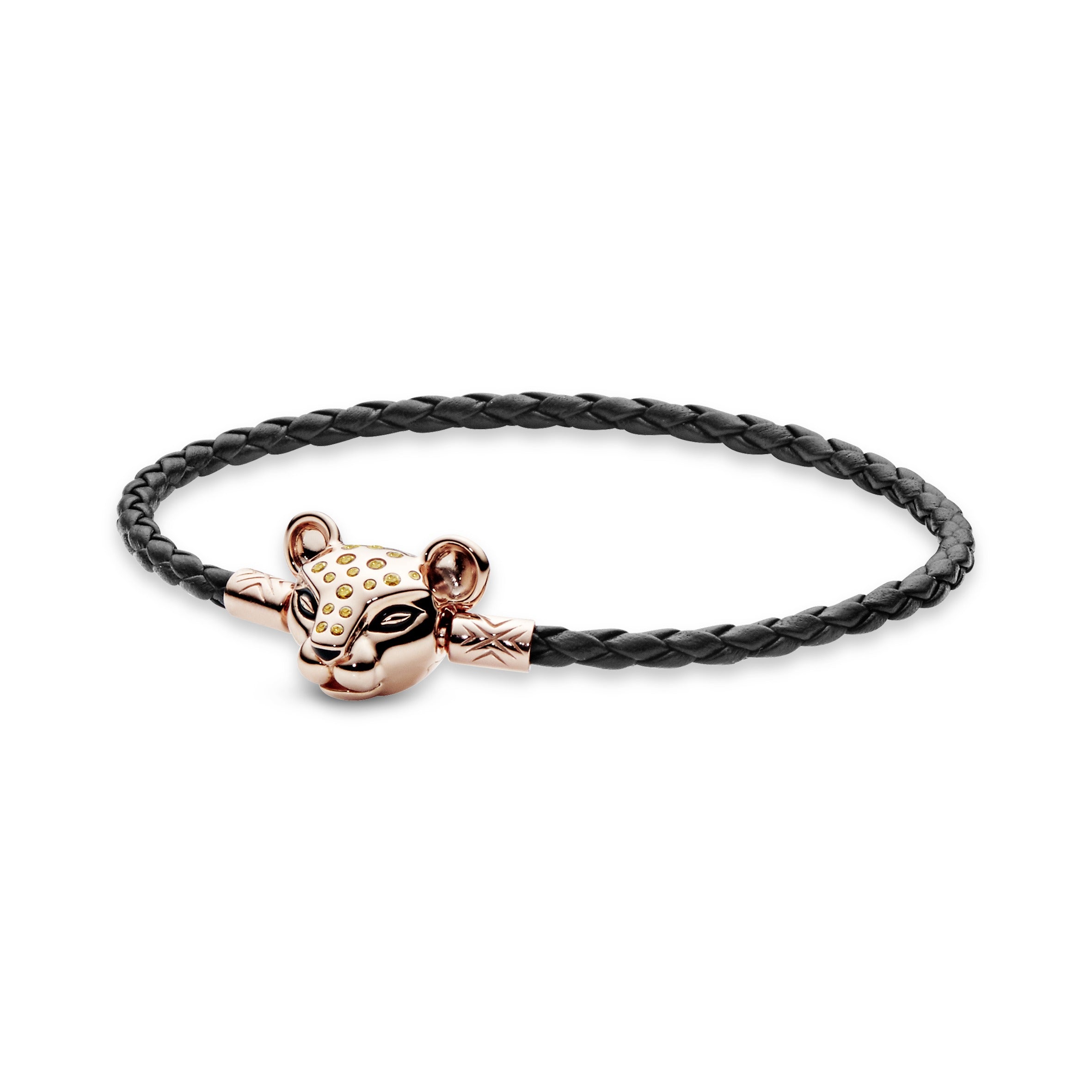 Pandora Rose black leather bracelet and lioness clasp with honey cubic zirconia and black enamel