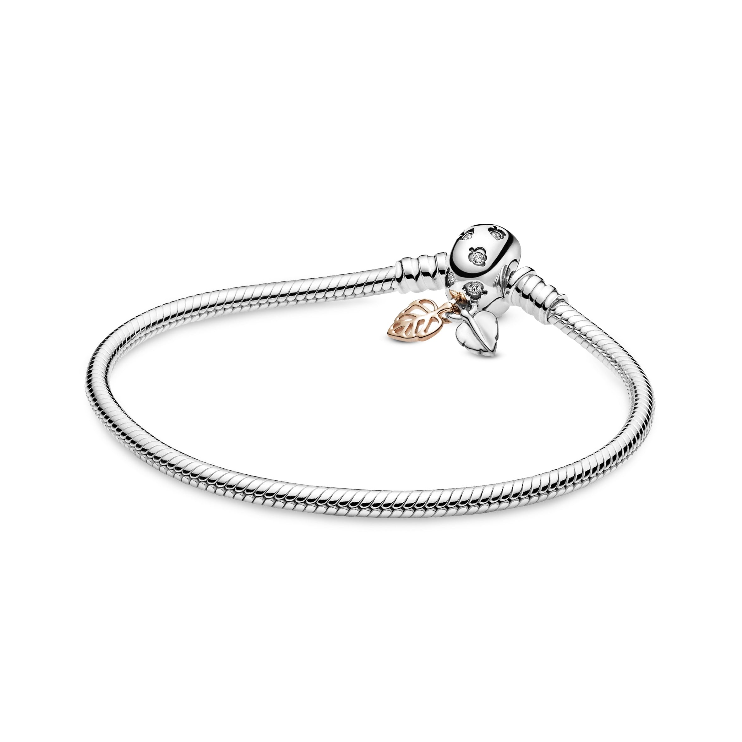 Snake chain sterling silver bracelet with leaves silver and 14k Rose Gold-plated clasp with clear cubic zirconia