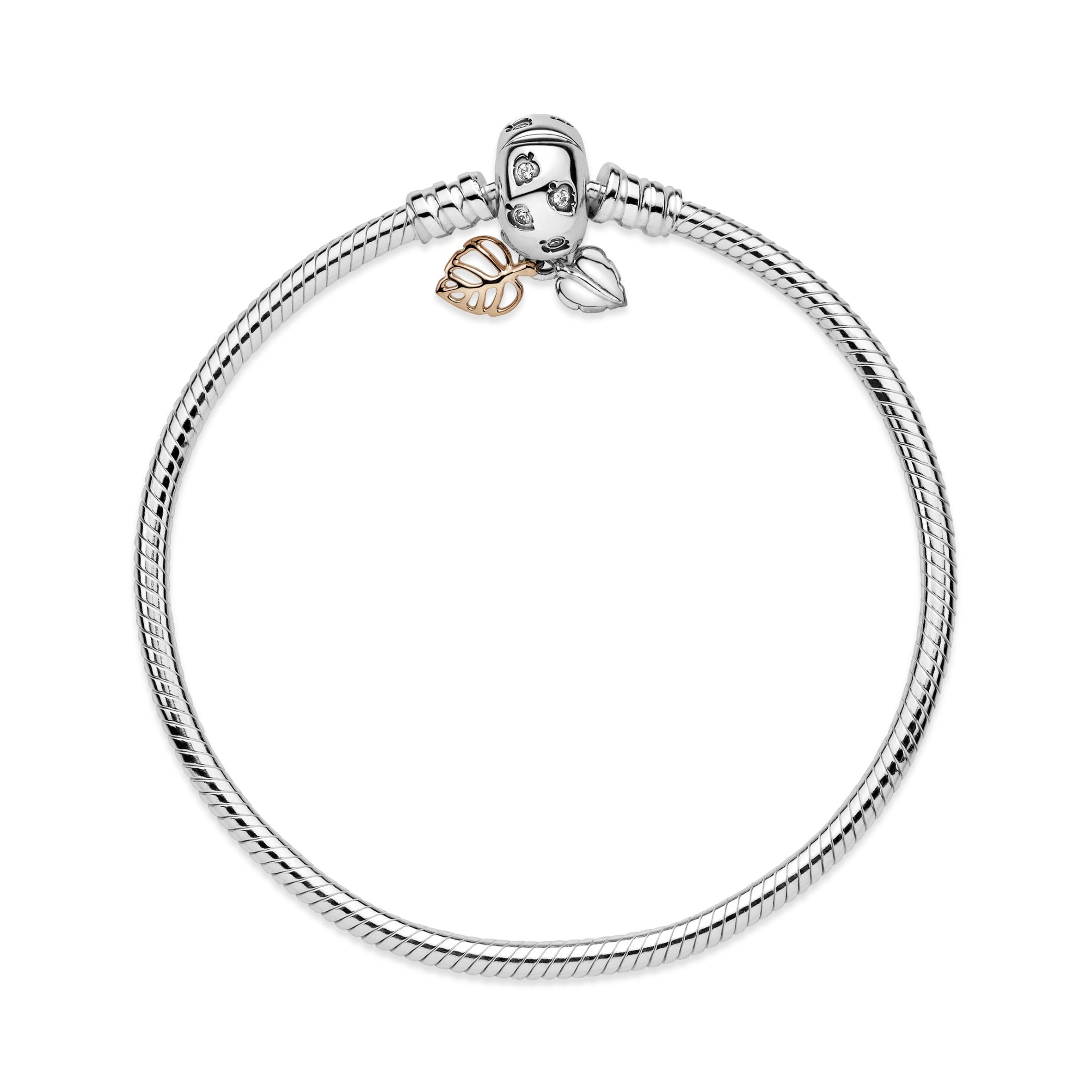 Snake chain sterling silver bracelet with leaves silver and 14k Rose Gold-plated clasp with clear cubic zirconia
