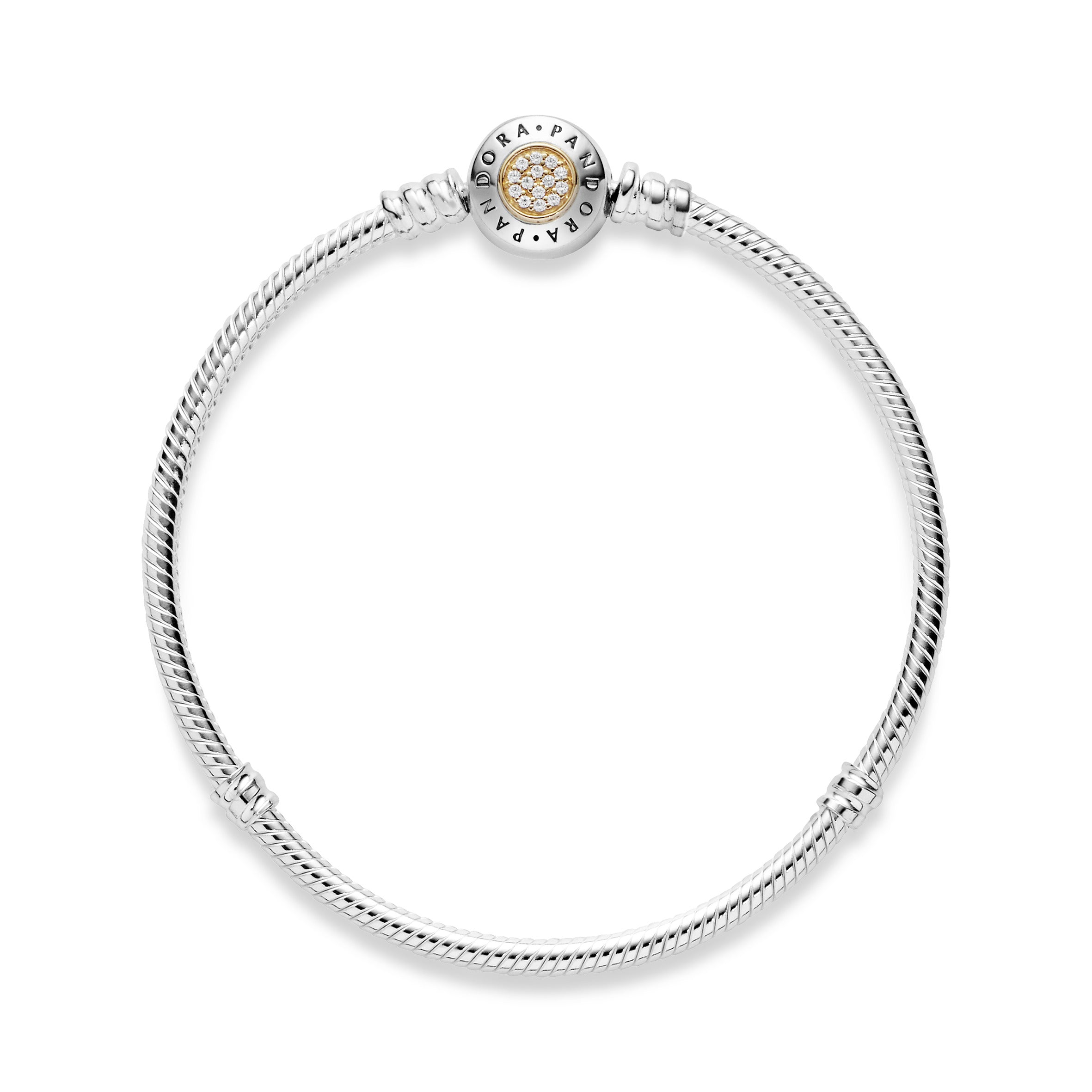 PANDORA logo silver bracelet with 14k and clear cubic zirconia