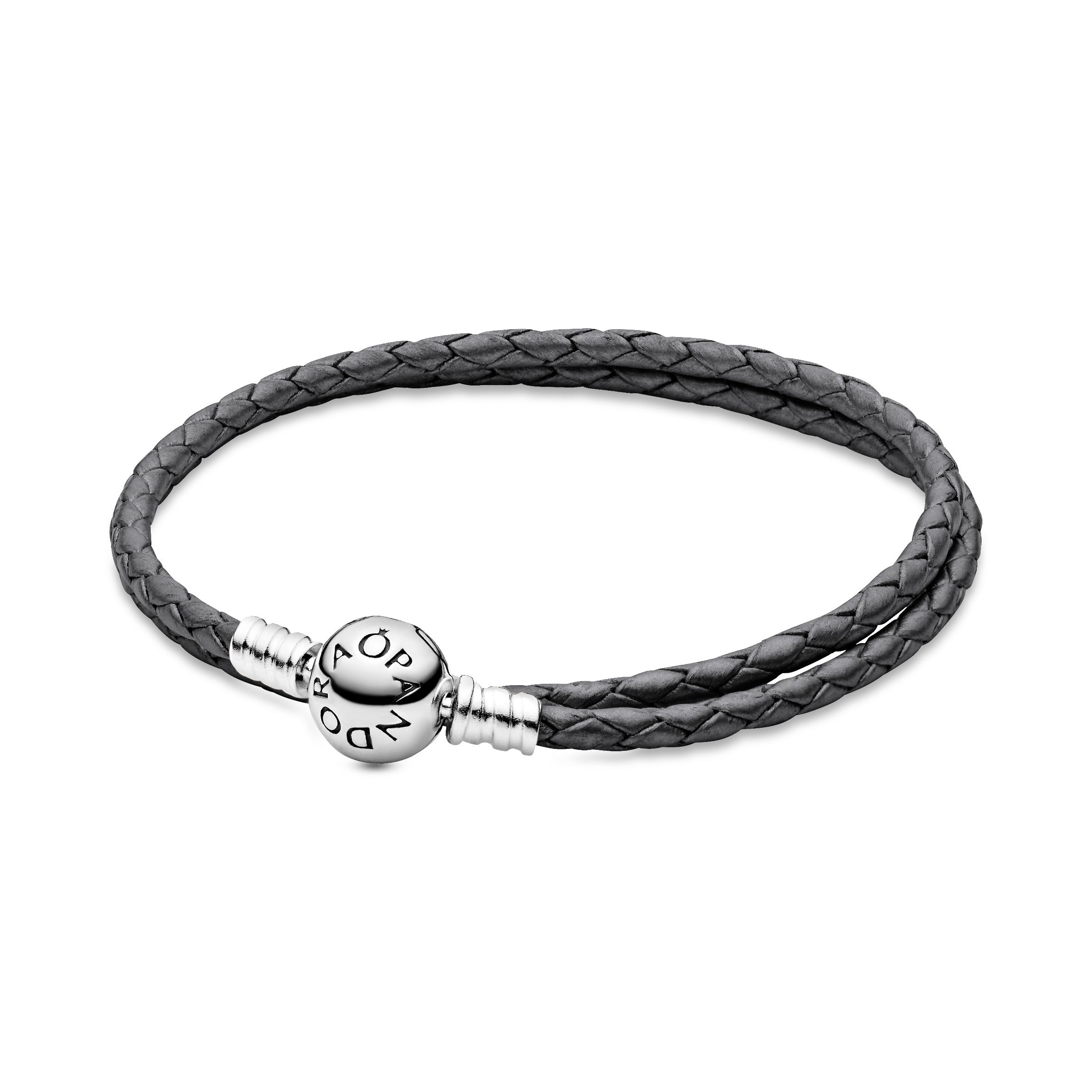 Silver leather bracelet, double, silver grey