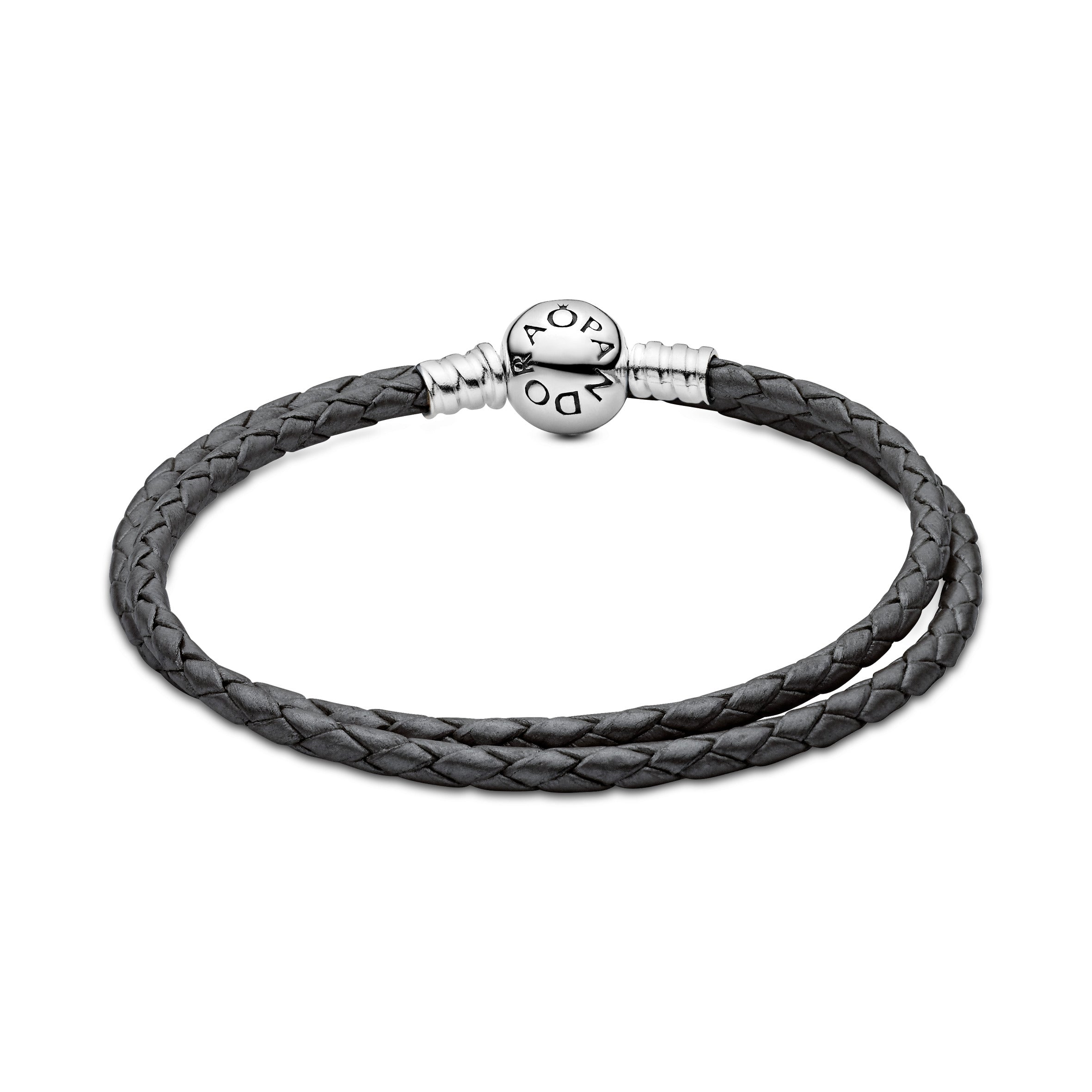 Silver leather bracelet, double, silver grey