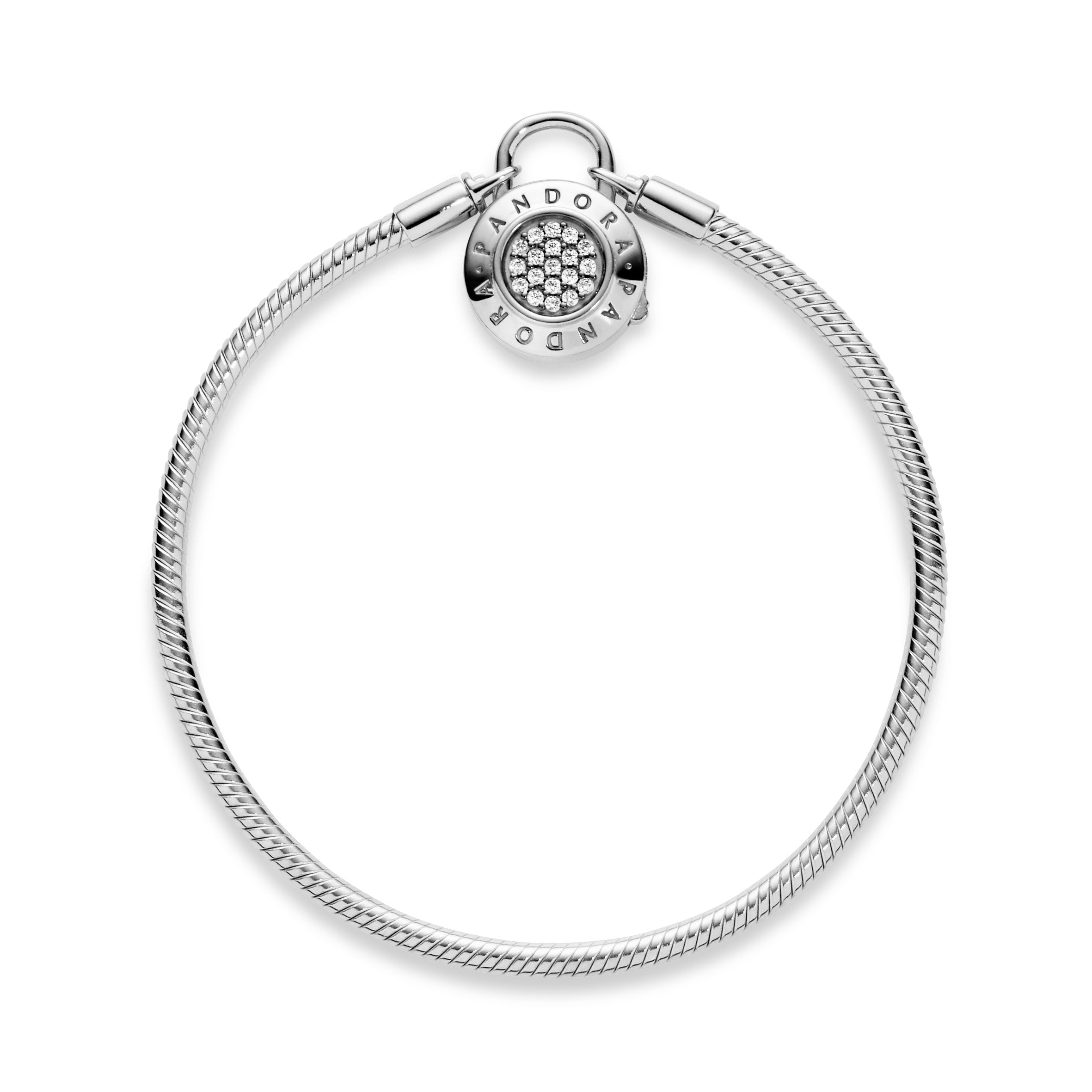 Snake chain silver bracelet and PANDORA logo padlock clasp with clear cubic zirconia