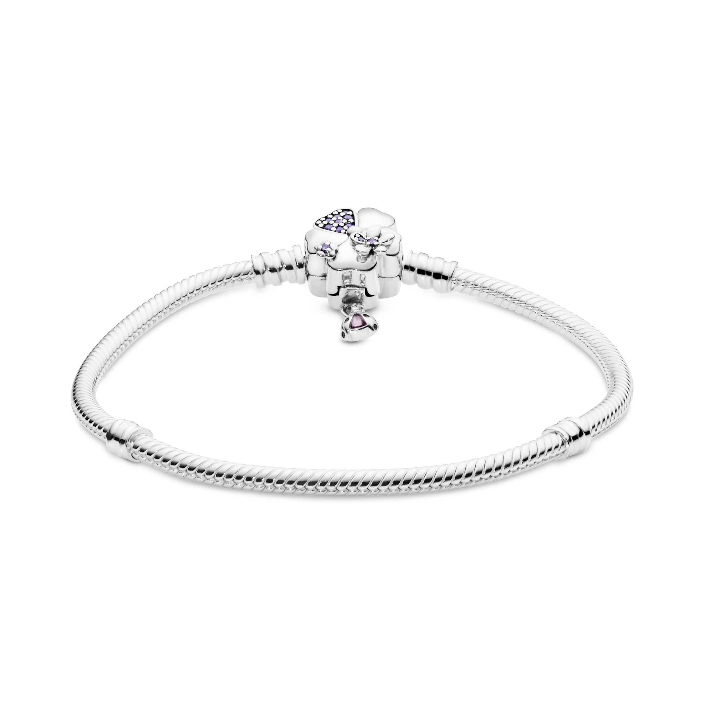 Snake chain silver bracelet with flower and ladybug clasp with lilac crystal, purple cubic zirconia and purple enamel