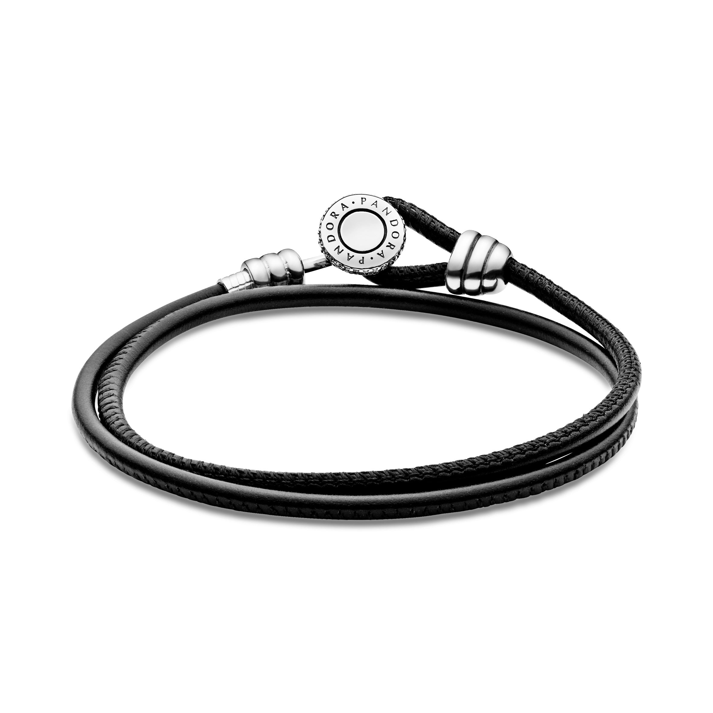 Silver leather bracelet, double, black and clear cubic zirconia