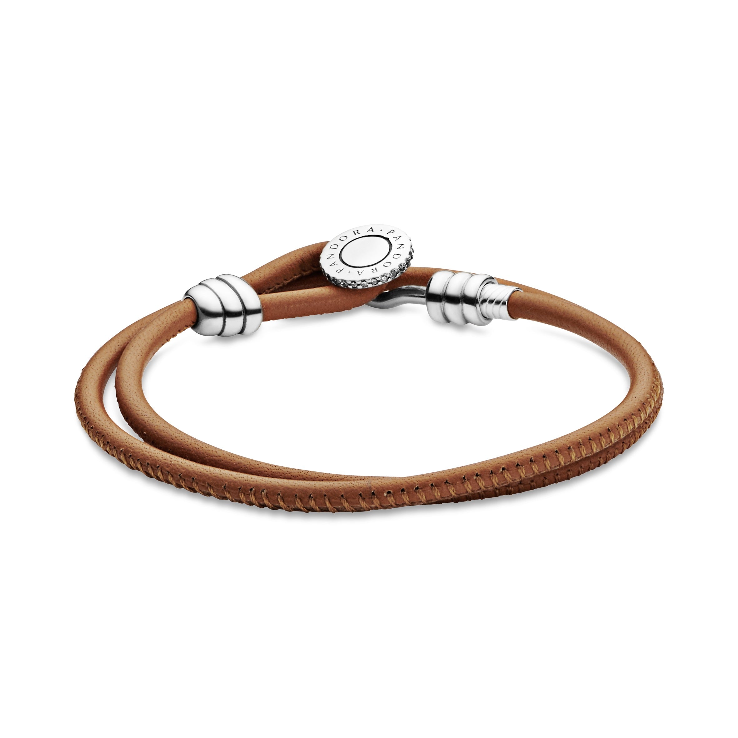 Silver leather bracelet, double, golden tan and clear cubic zirconia