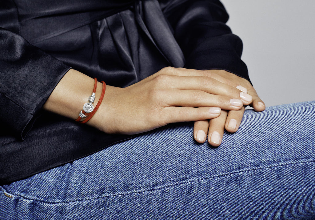 Silver leather bracelet double spicy orange and clear cubic zirconia Pandora Jordan