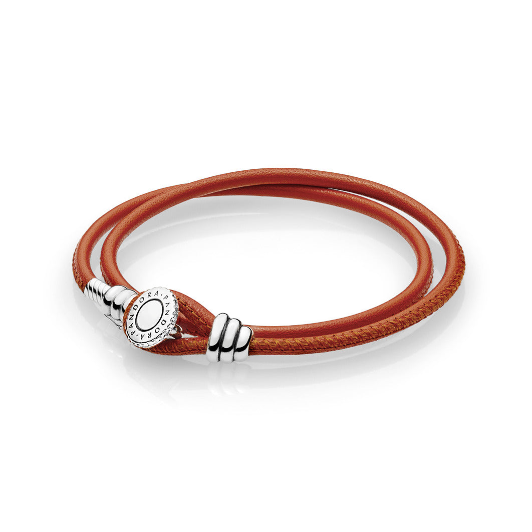 Silver leather bracelet, double, spicy orange and clear cubic zirconia