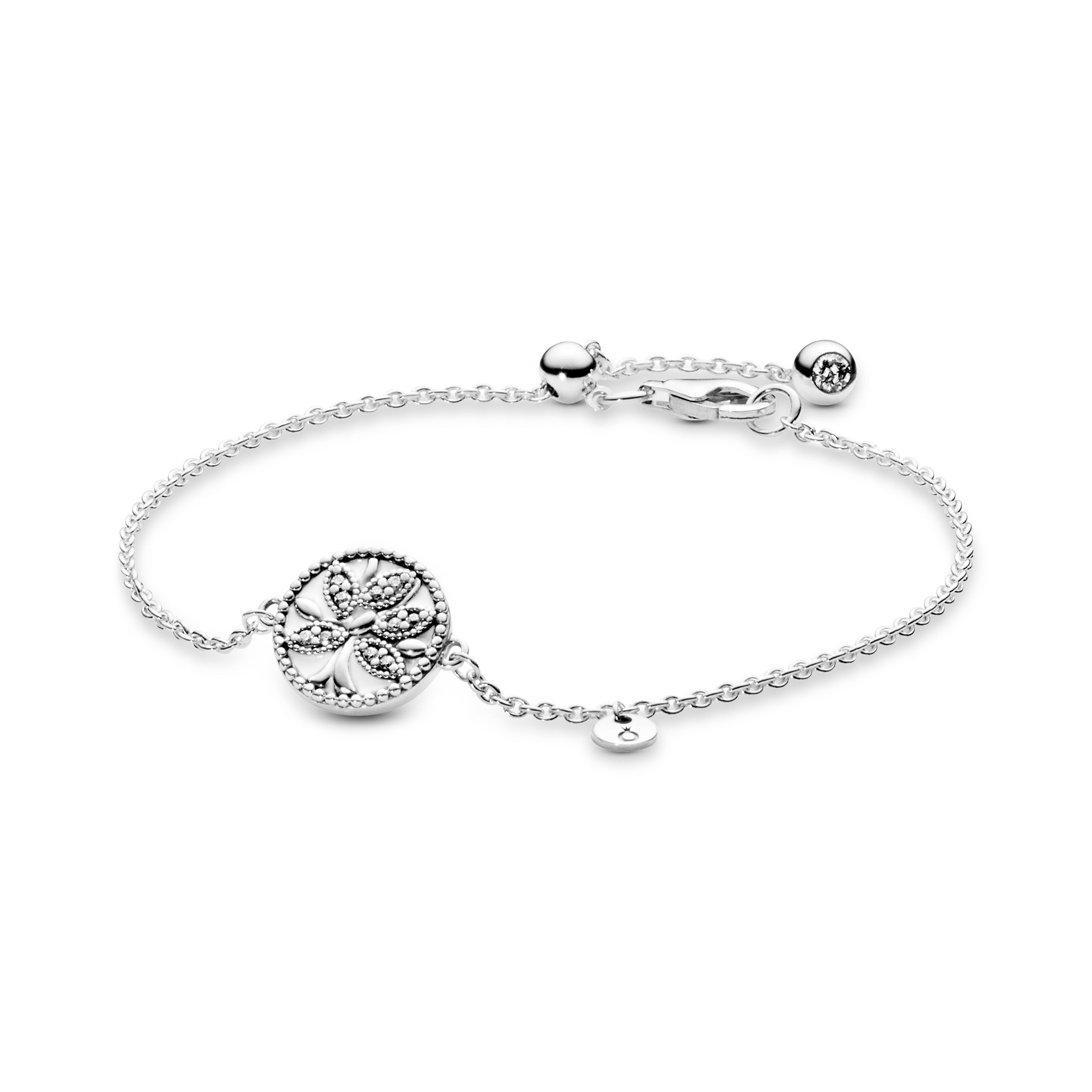Family tree silver bracelet with clear cubic zirconia and white enamel