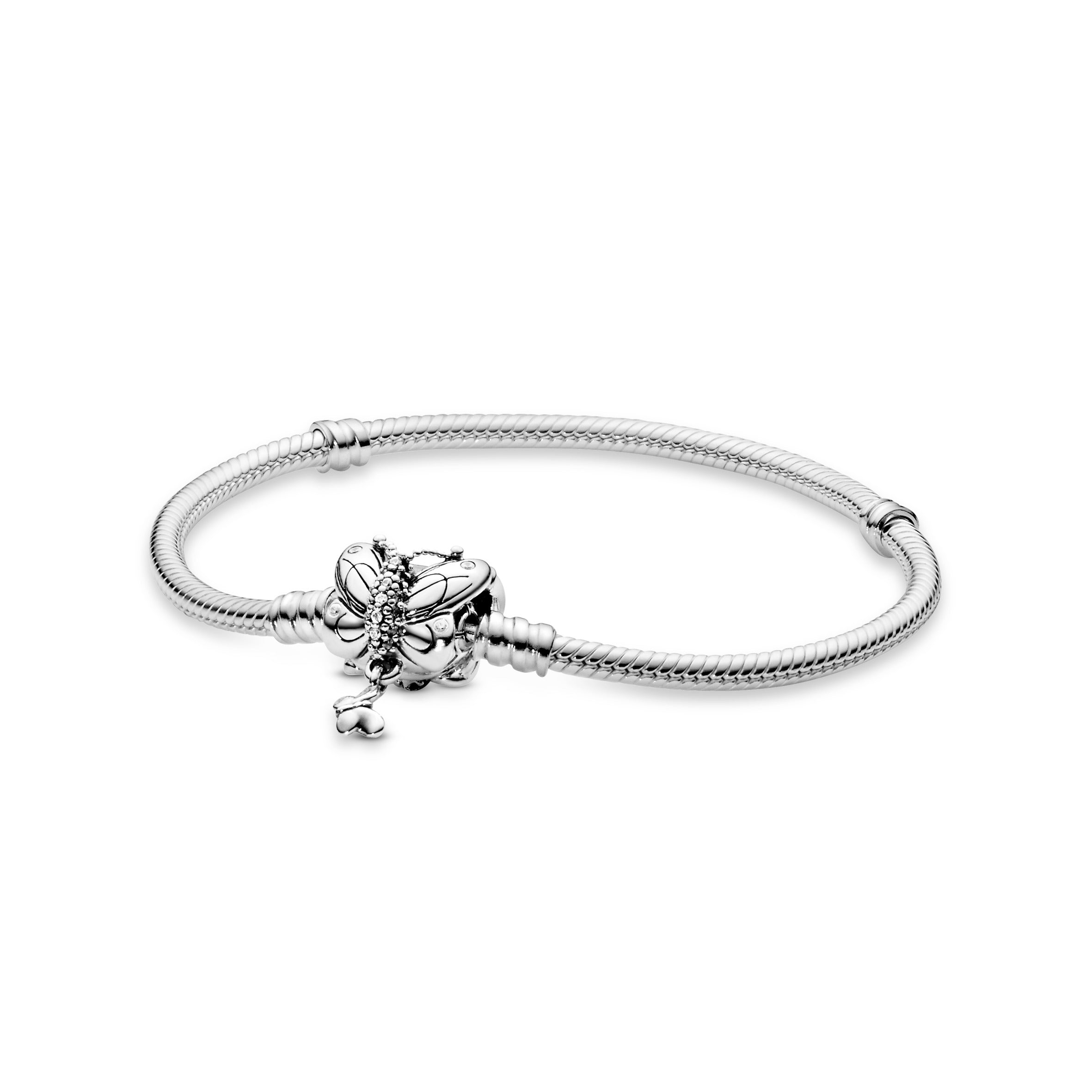 Snake chain silver bracelet and butterfly clasp with clear cubic zirconia