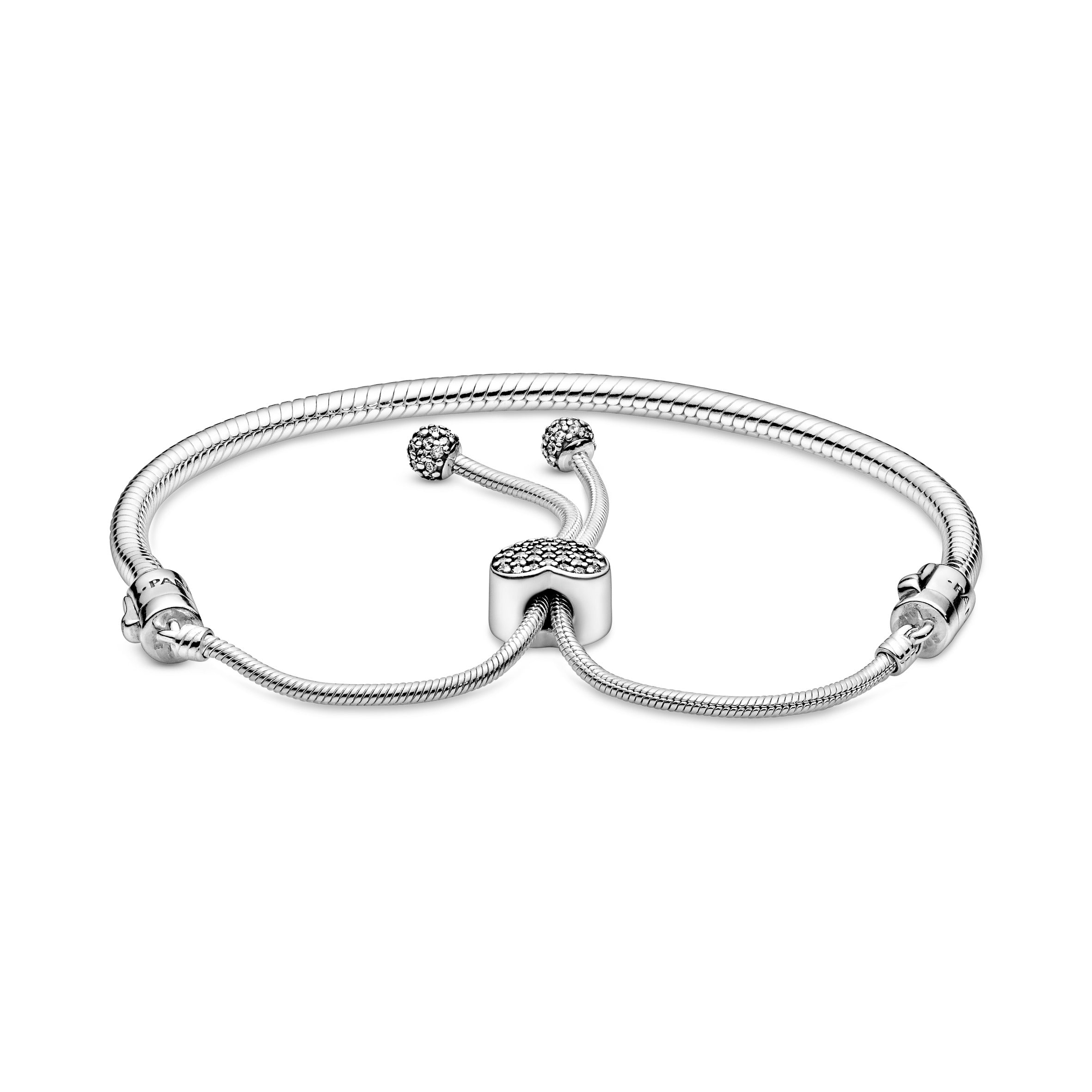 Snake chain sterling silver slider bracelet and heart clasp with clear cubic zirconia