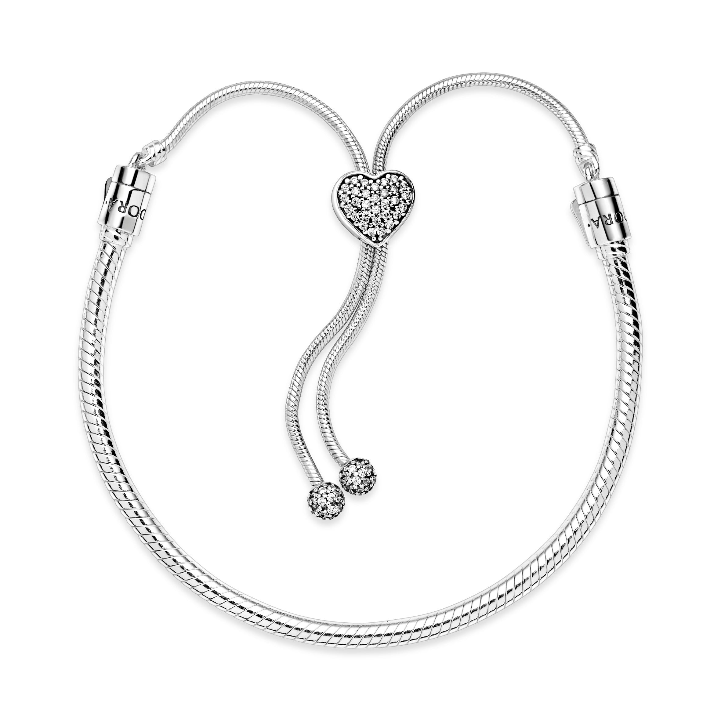 Snake chain sterling silver slider bracelet and heart clasp with clear cubic zirconia