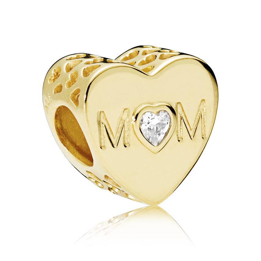 Mum heart 14k Gold Plated charm with clear cubic zirconia