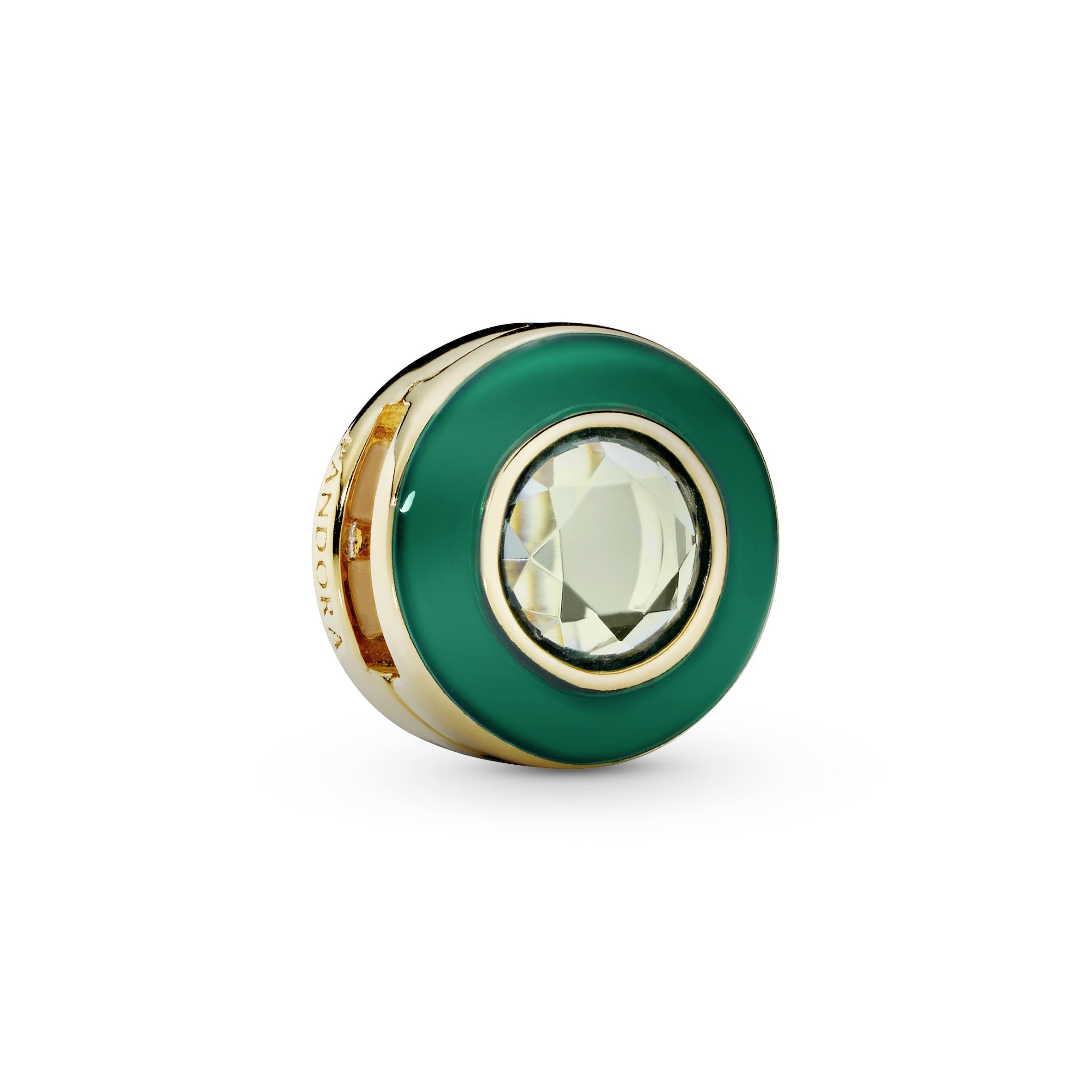 Pandora Reflexions round clip charm in 14k Gold Plated with marine green crystal and green enamel