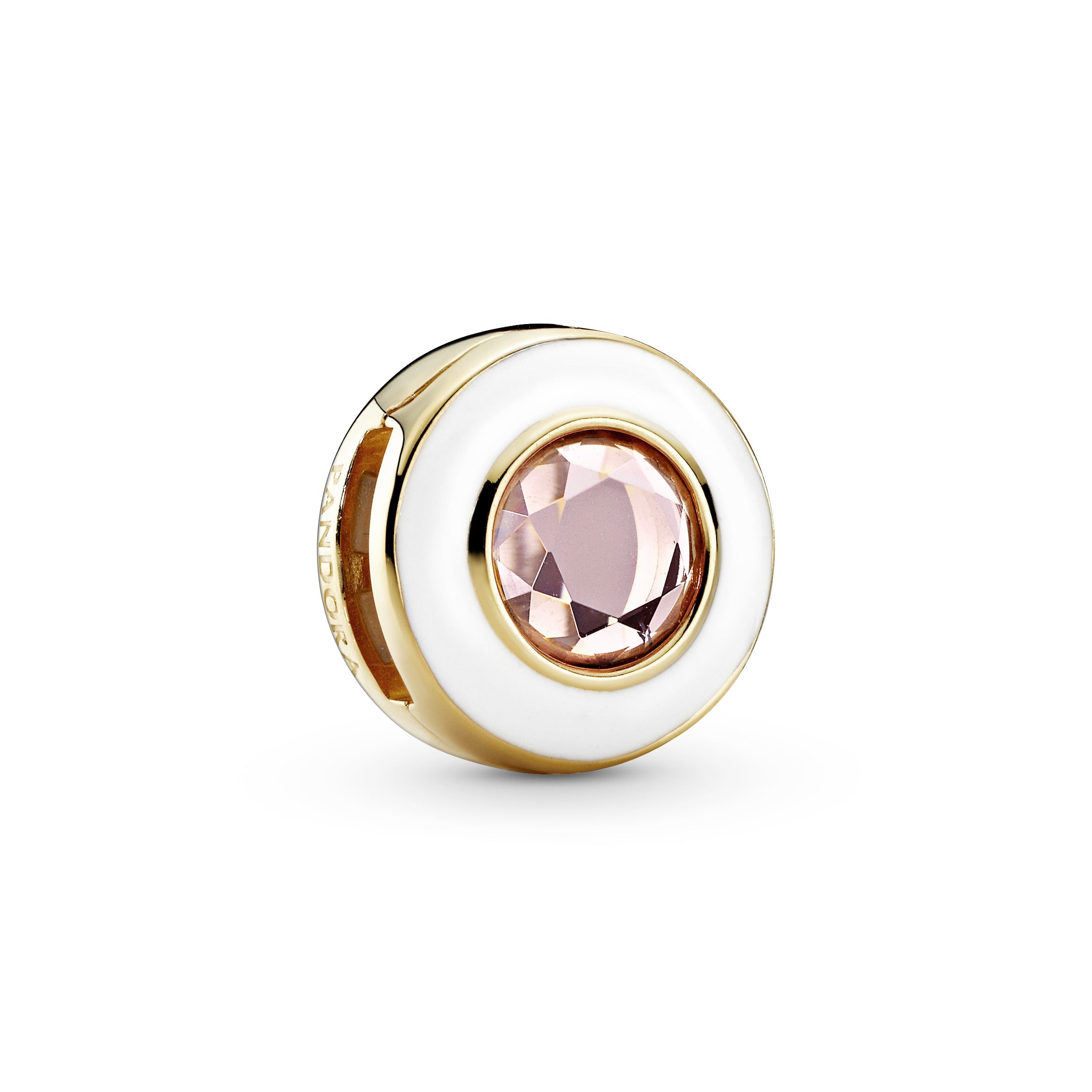 Pandora Reflexions round clip charm in 14k Gold Plated with orchid pink crystal and white enamel