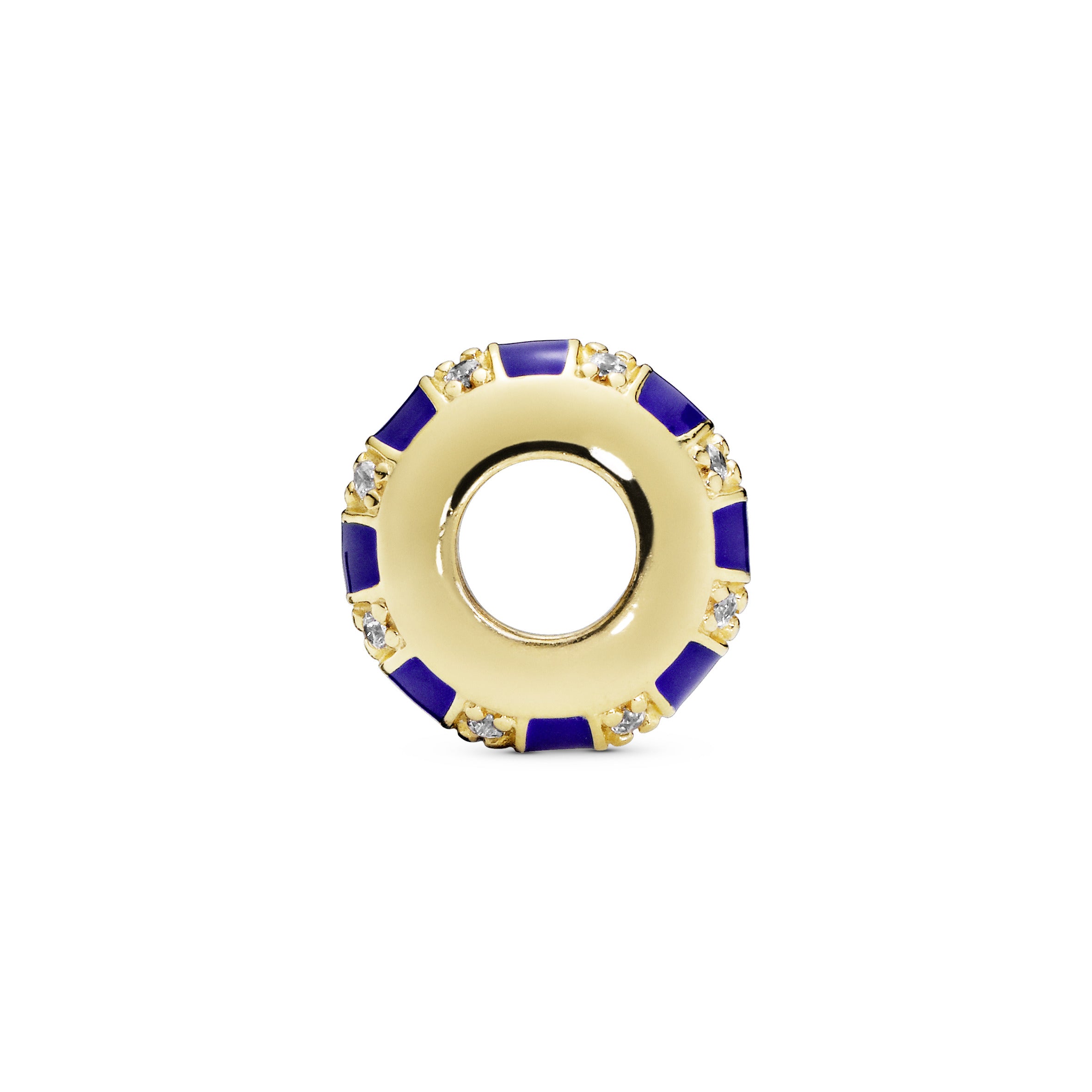 14k Gold Plated spacer with clear cubic zirconia and blue enamel