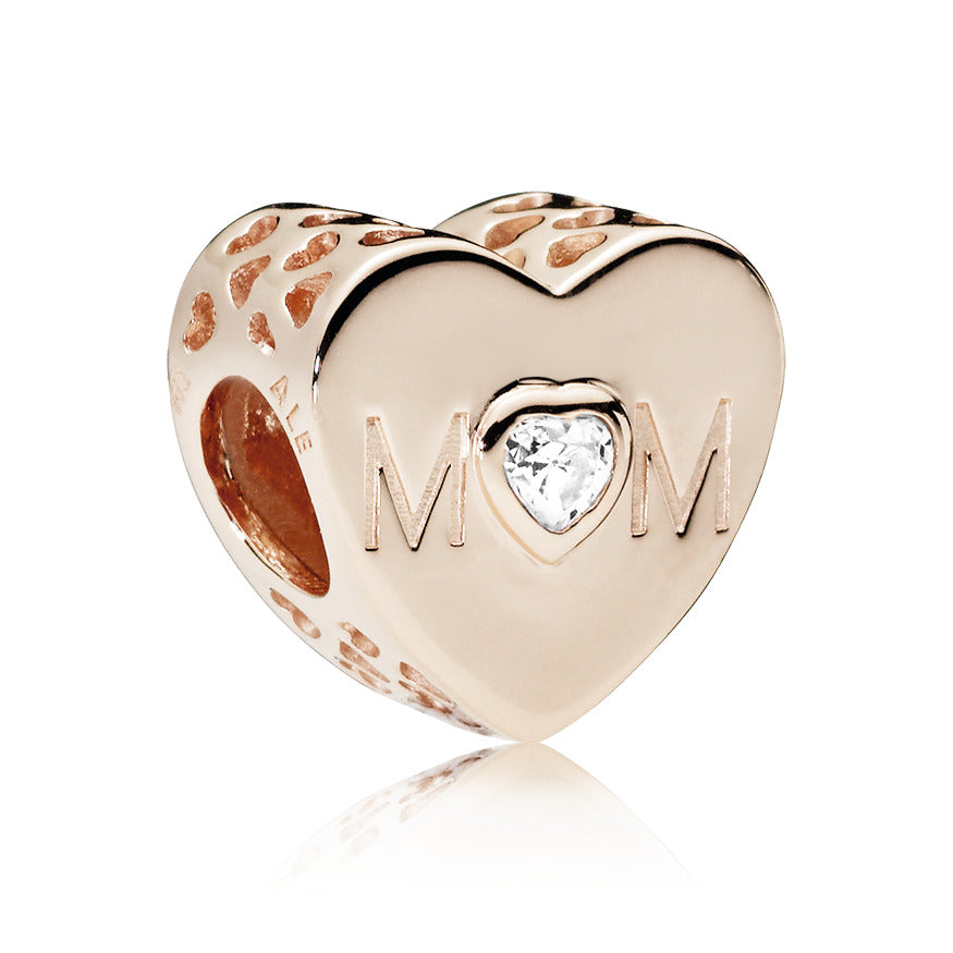 Mum heart 14k Rose Gold-plated charm with clear cubic zirconia