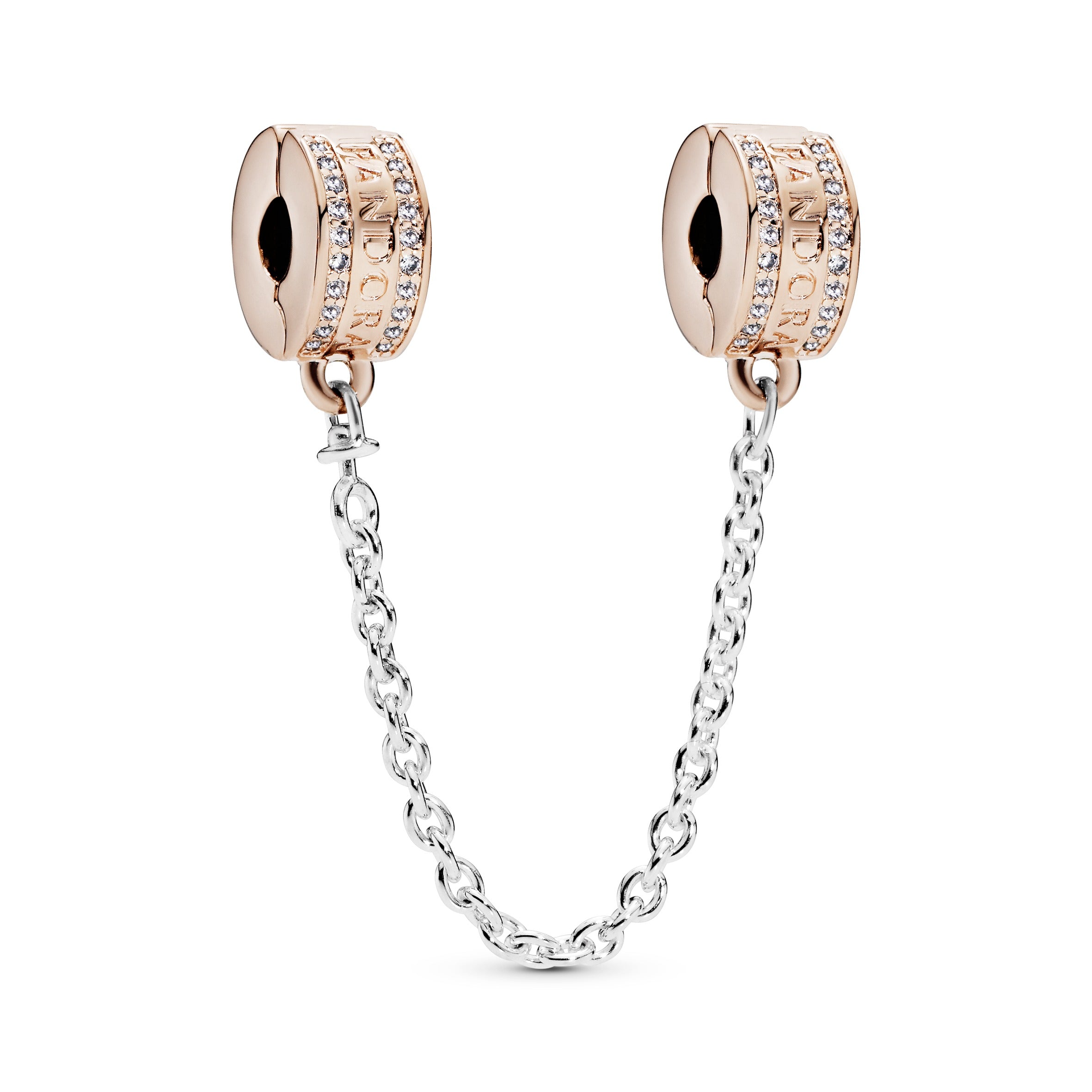 PANDORA Rose logo safety chain with clear cubic zirconia, silicone grip and silver chain