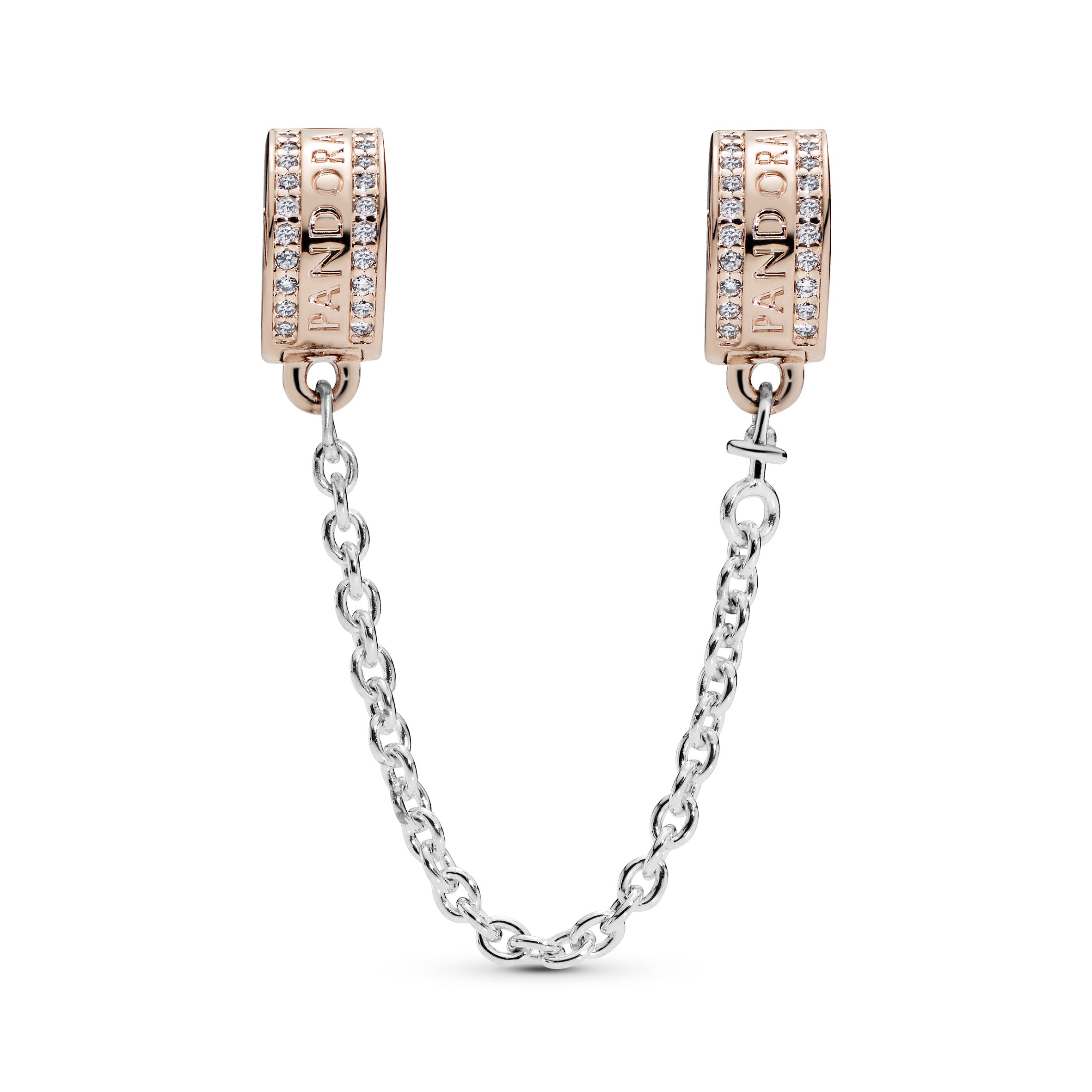 PANDORA Rose logo safety chain with clear cubic zirconia, silicone grip and silver chain
