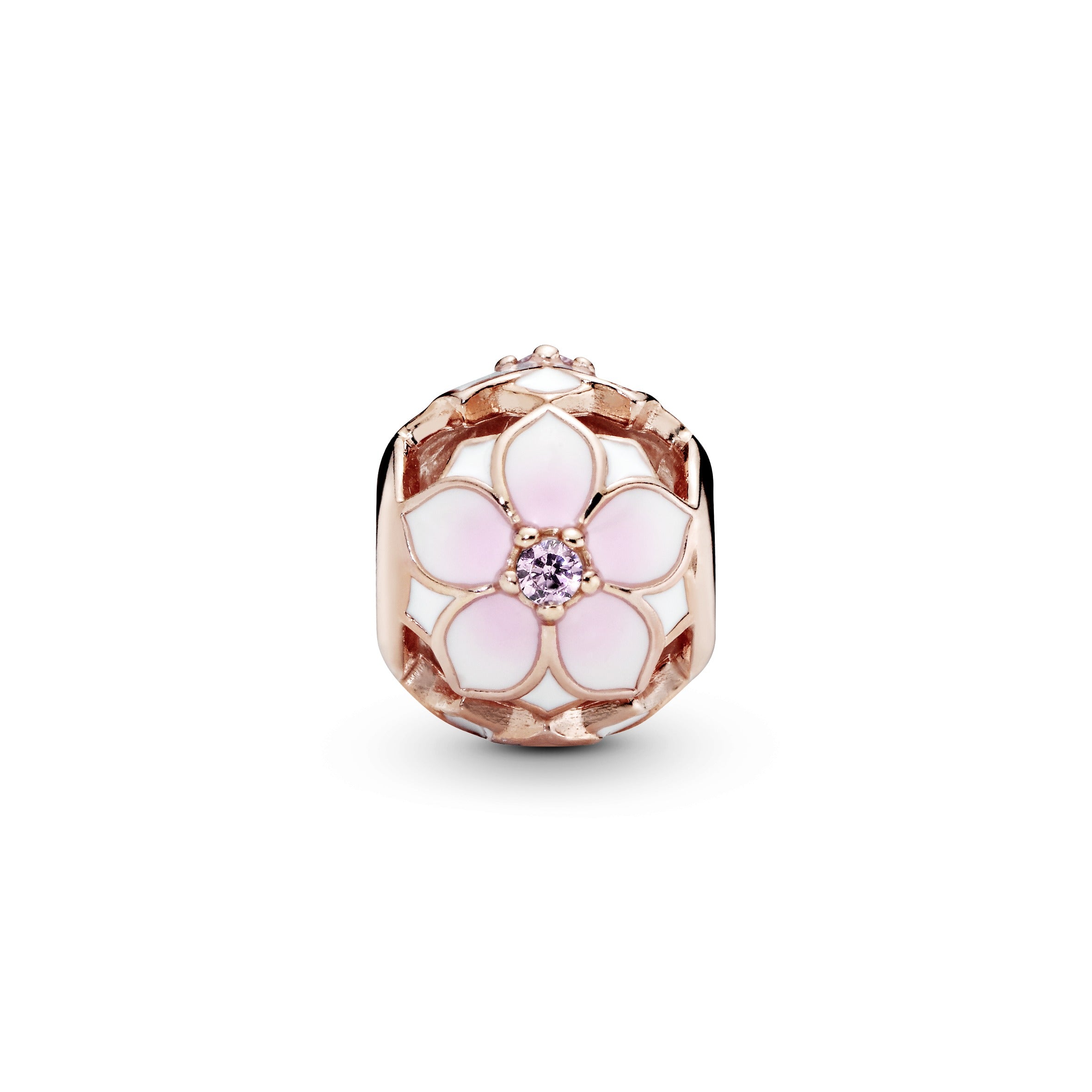 Magnolia 14k Rose Gold-plated charm with blush pink crystal, white and shaded pink enamel