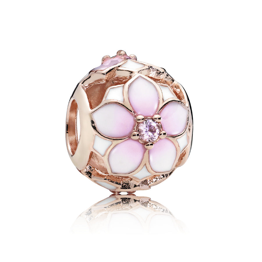 Magnolia 14k Rose Gold-plated charm with blush pink crystal, white and shaded pink enamel