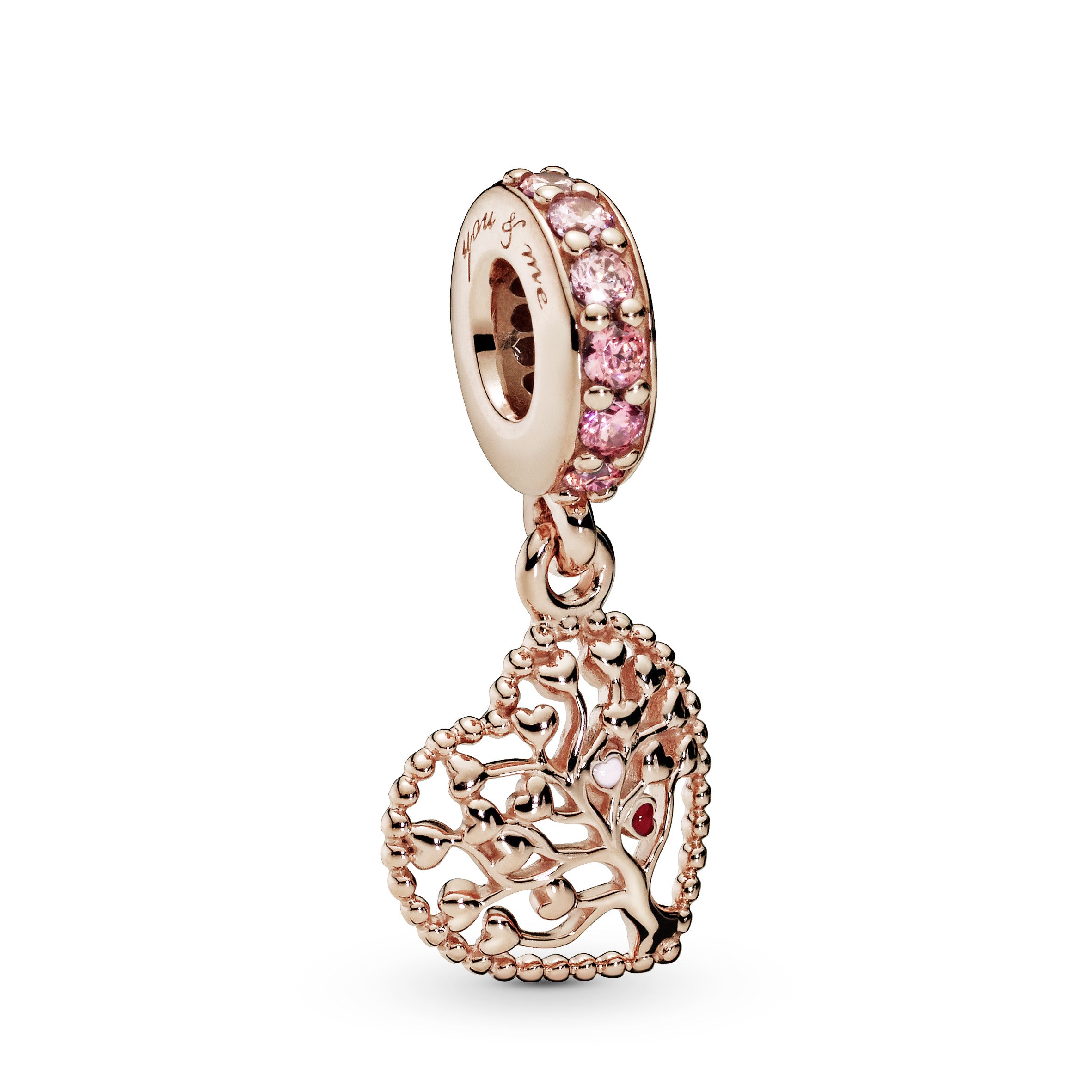 Family tree 14k Rose Gold-plated dangle with fancy pink, red and fancy fuchsia pink cubic zirconia, pink and red enamel