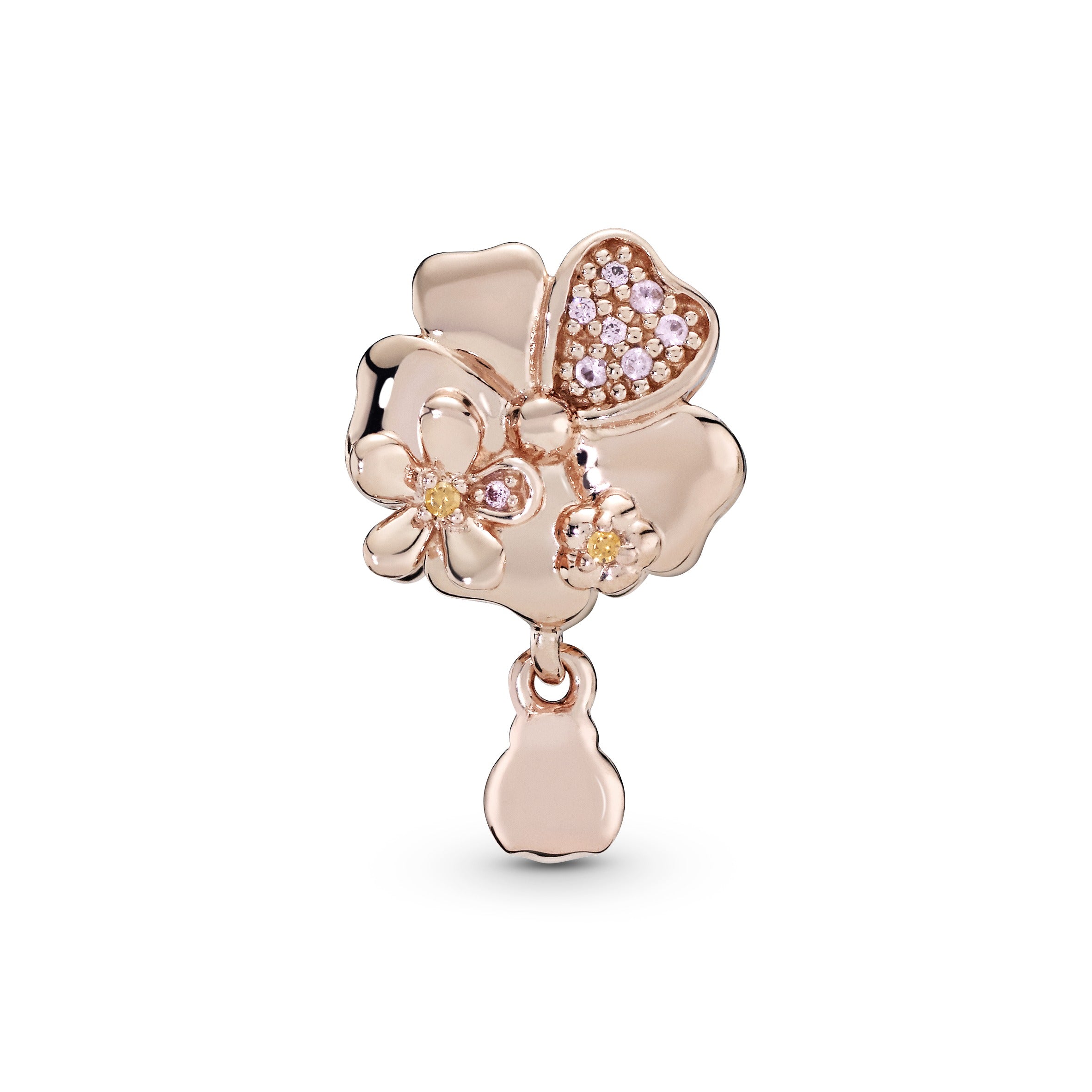 Flower and ladybug 14k Rose Gold-plated charm with pink crystal, yellow and pink cubic zirconia and pink enamel