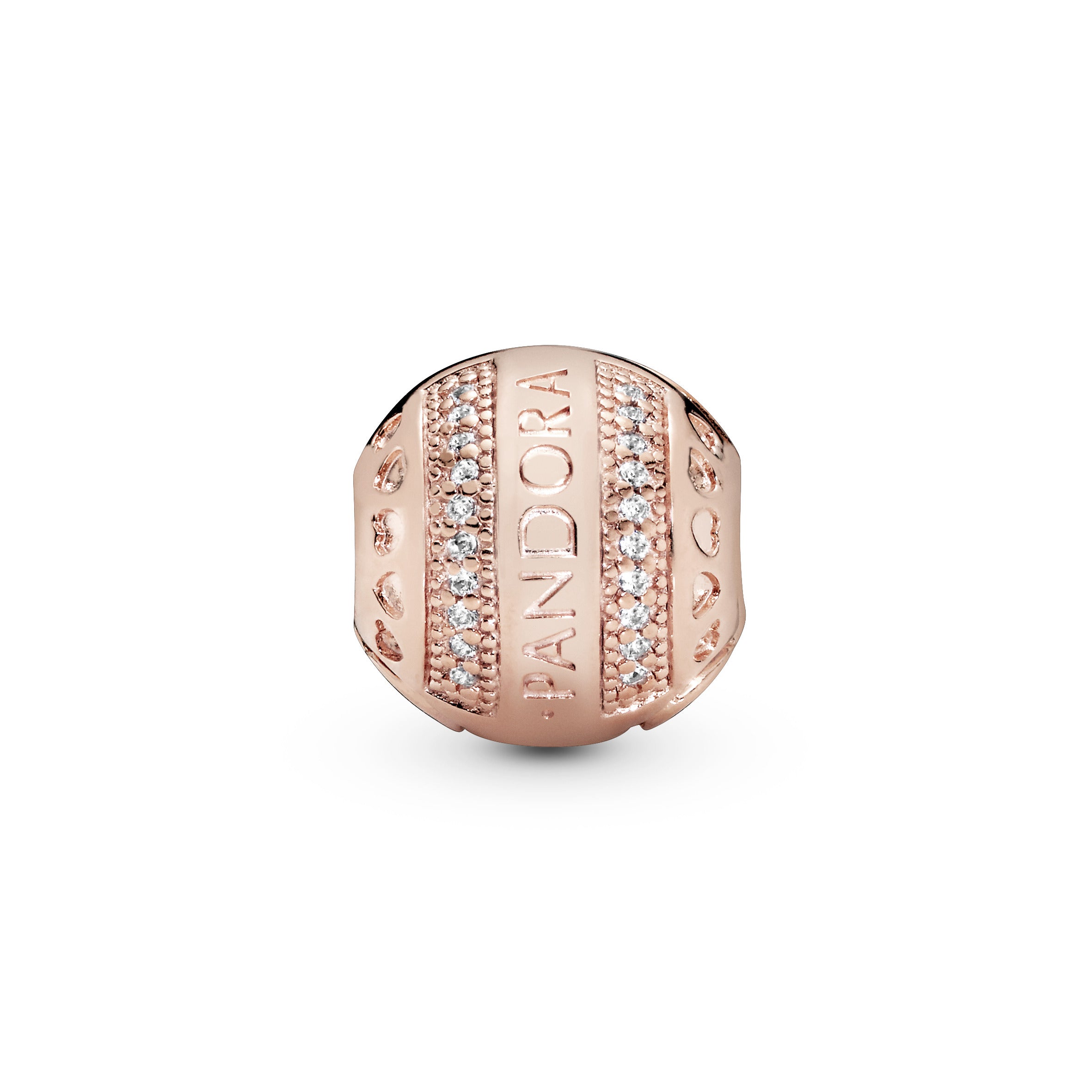 PANDORA Rose logo clip with clear cubic zirconia and silicone grip