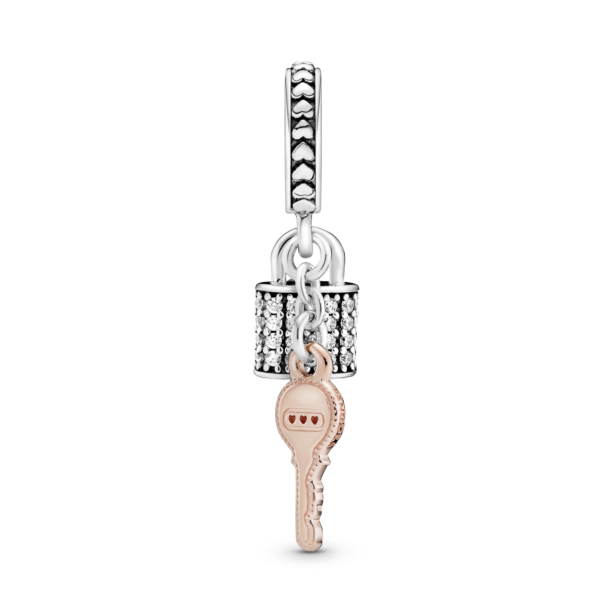 Padlock and key 14k Rose Gold-plated and sterling silver dangle with clear cubic zirconia