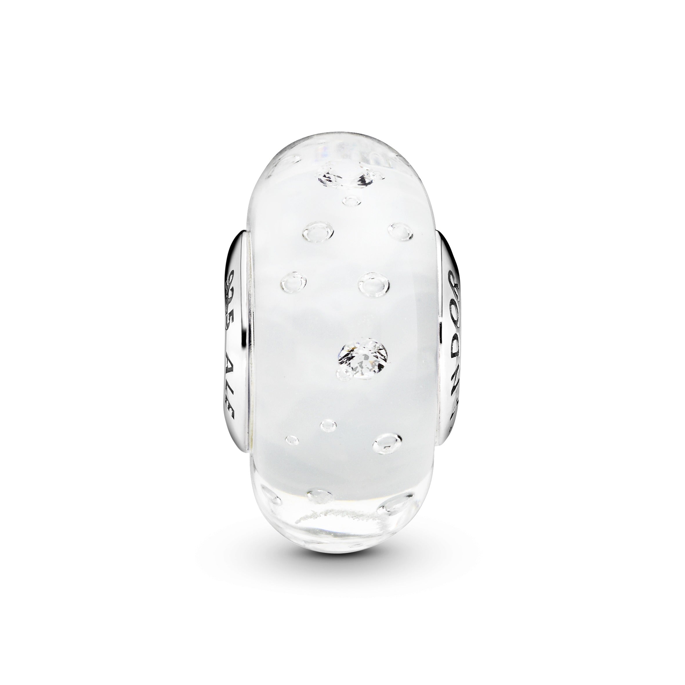 Abstract silver charm in white murano glass with cubic zirconia