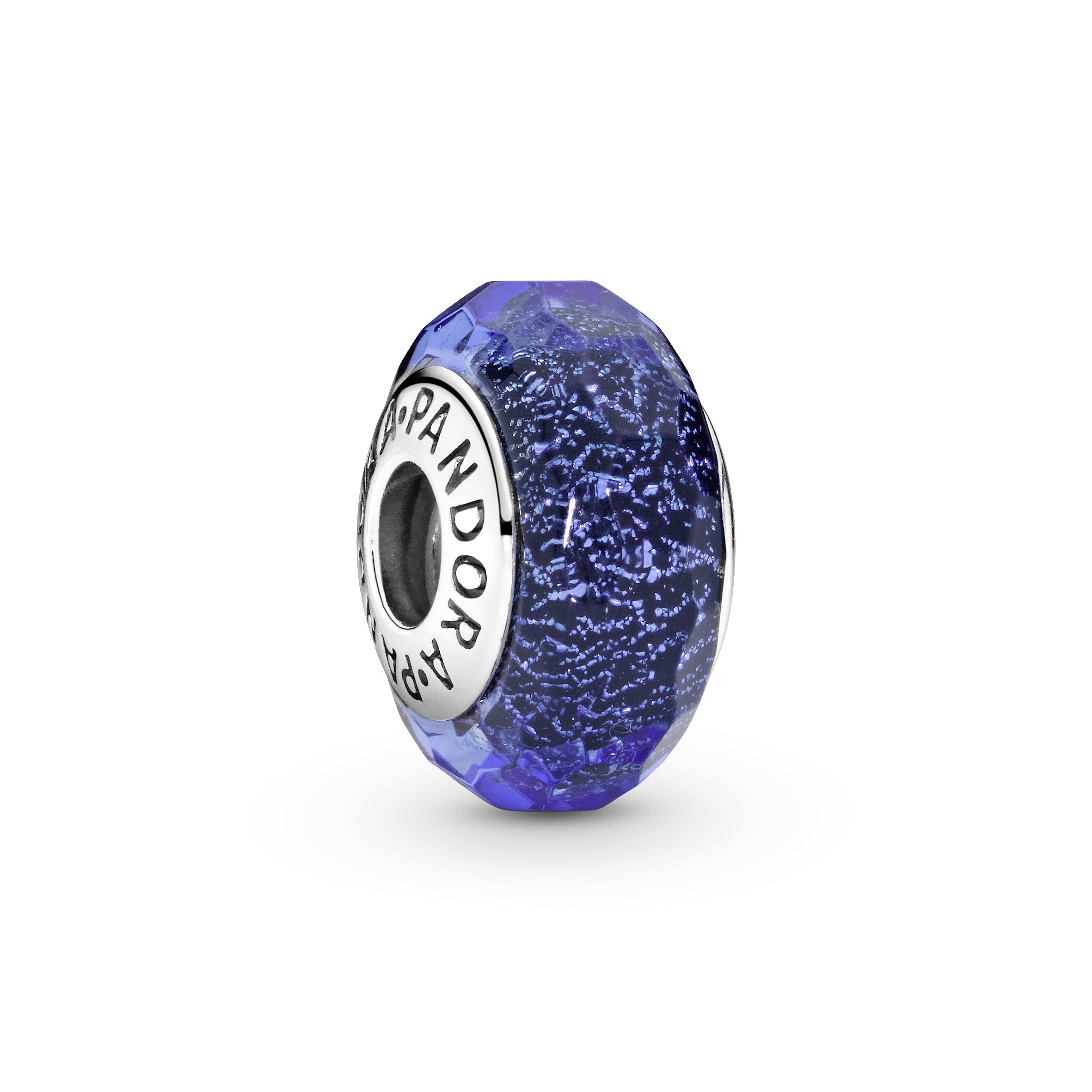 Abstract silver charm with faceted iridescent blue Murano glass