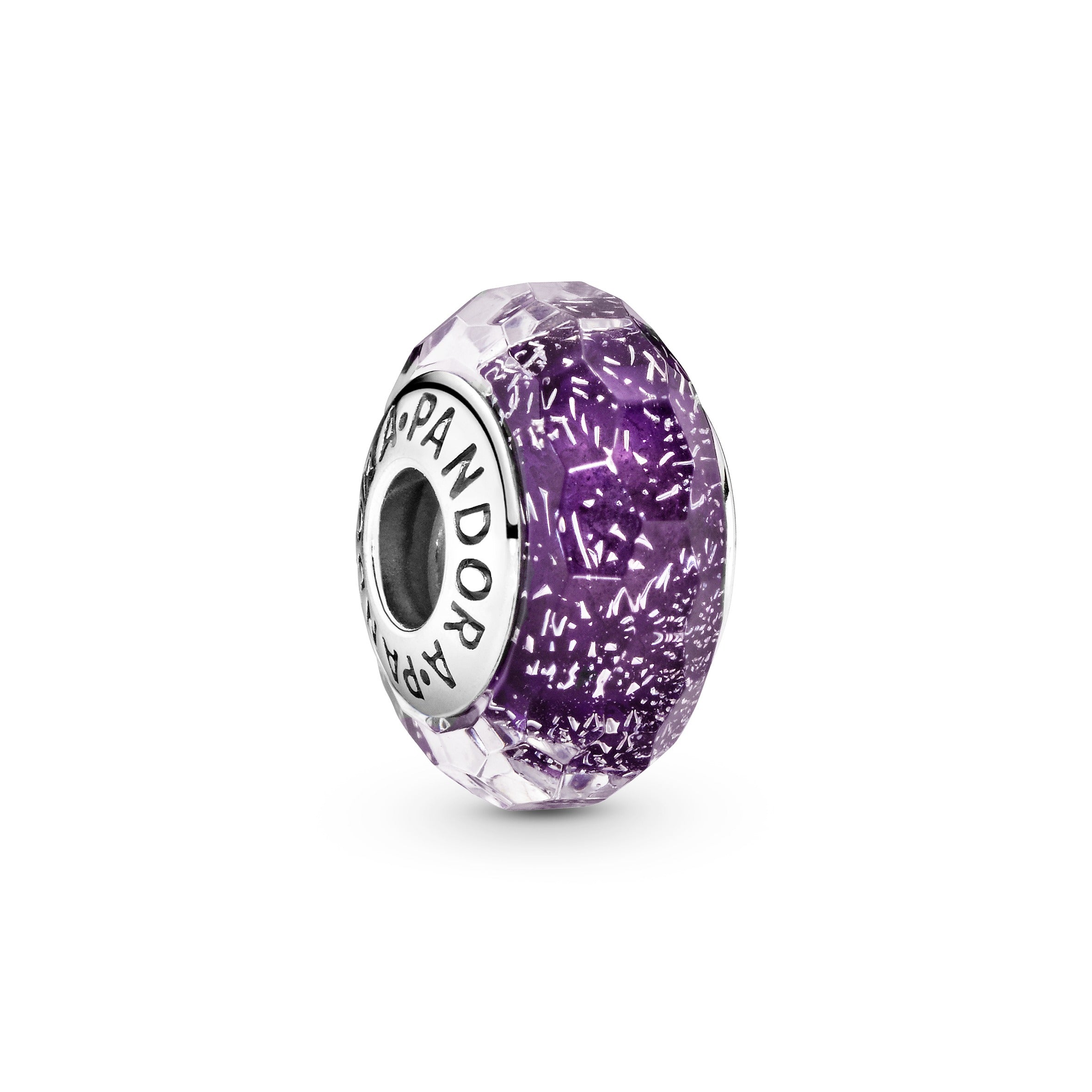 Abstract silver charm with faceted iridescent dark purple Murano glass