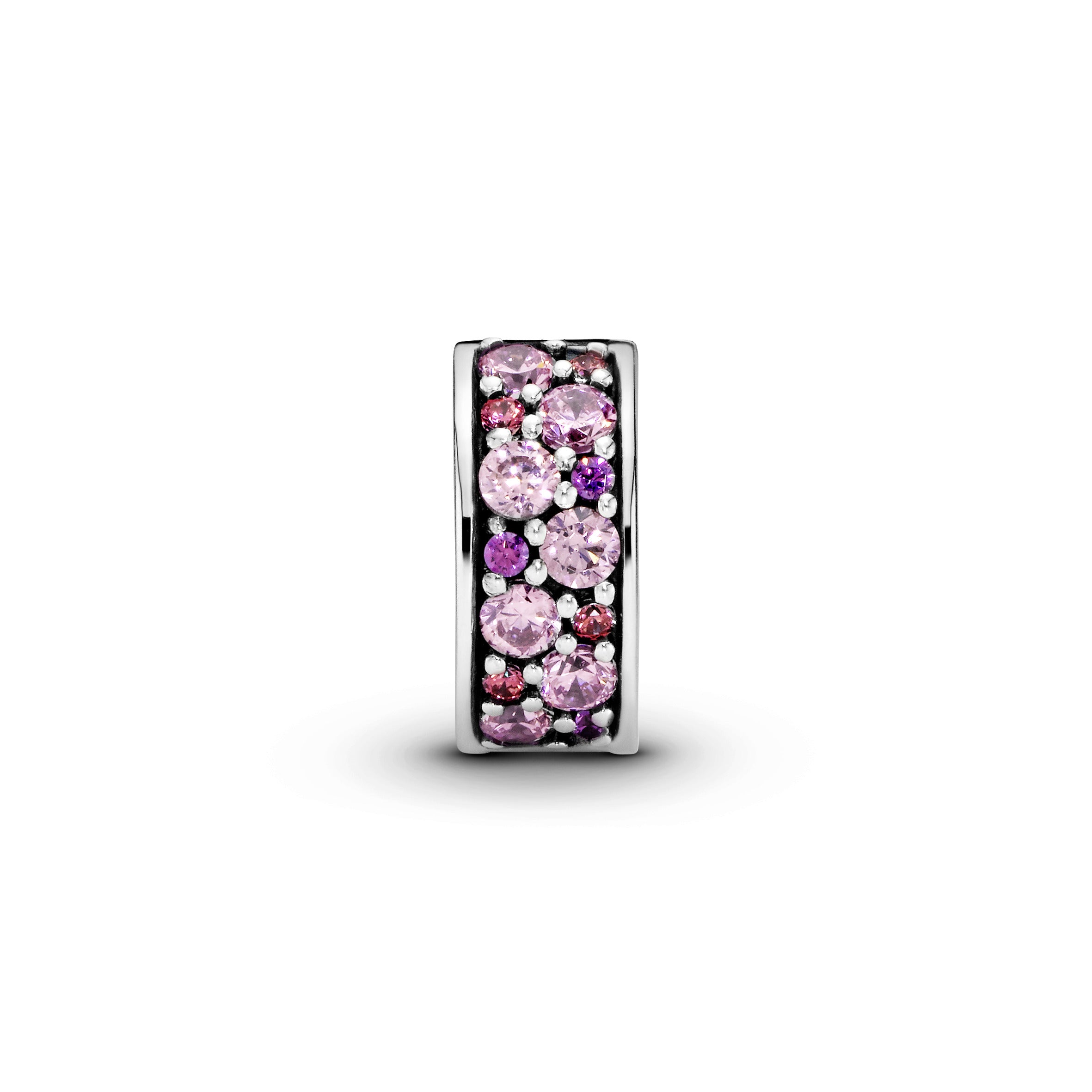 Silver clip with fancy pink, pink and fancy purple cubic zirconia and silicone grip