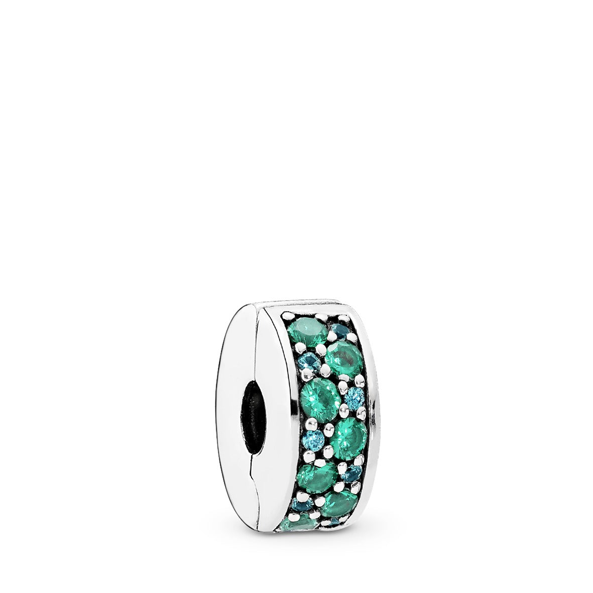 Silver clip with teal cubic zirconia, green crystal and bluish green crystal and silicone grip